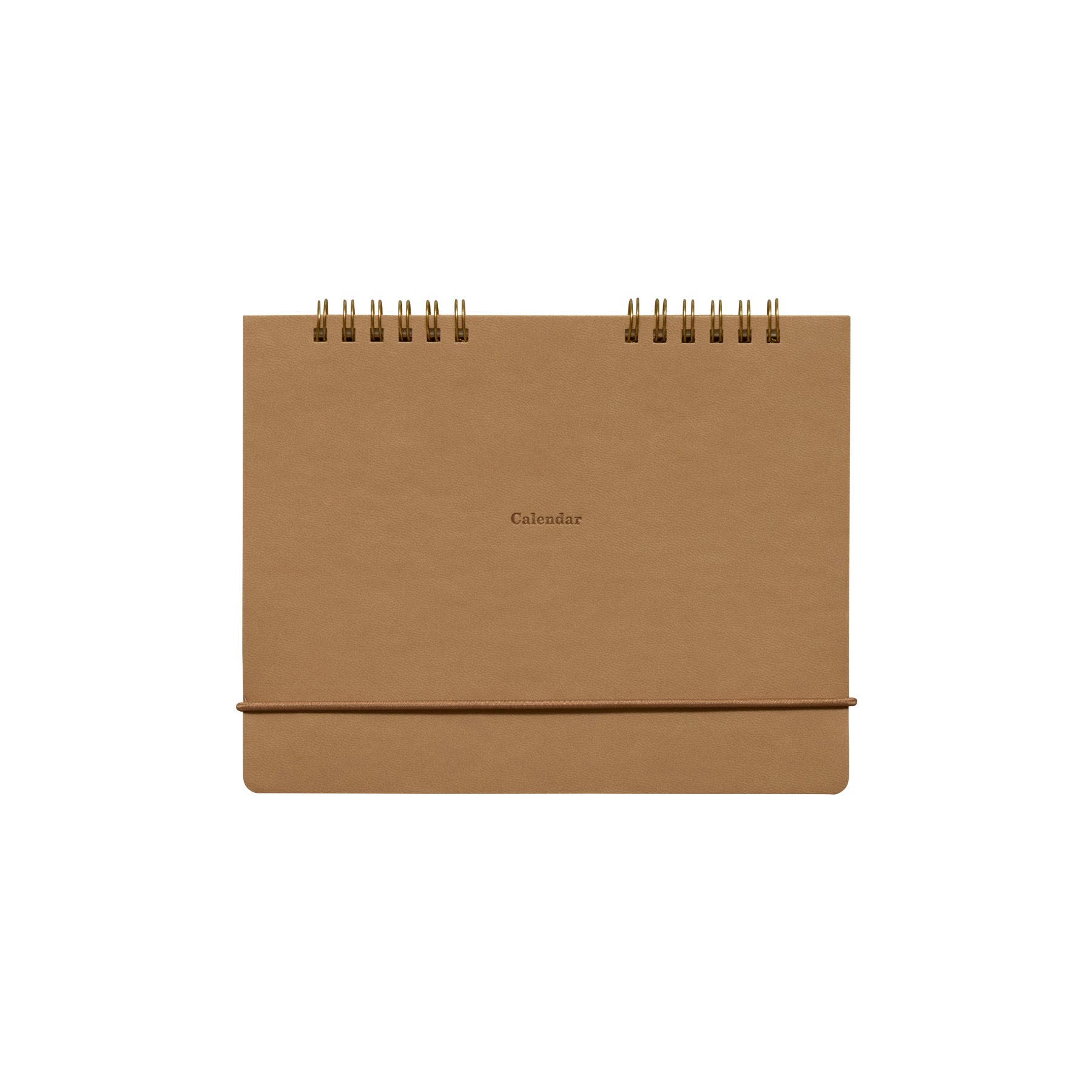 Dark Beige desk calendar with twin gold spiral binding, elastic band and "Calendar" printed on the cover.