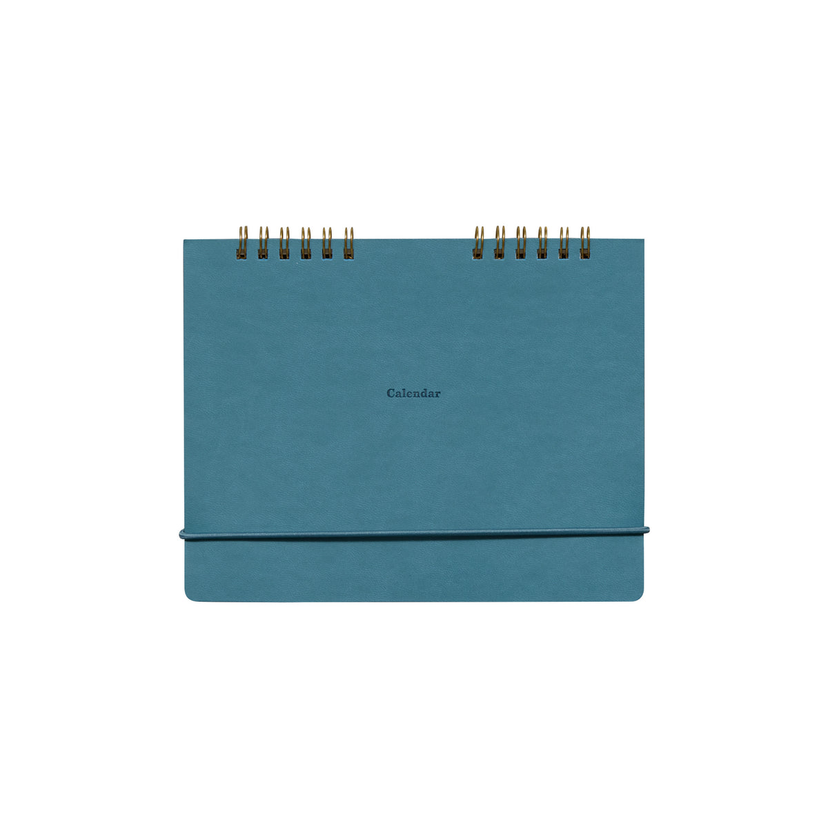 French Blue desk calendar with twin gold wire binding, elastic band and small "Calendar" text on the cover.