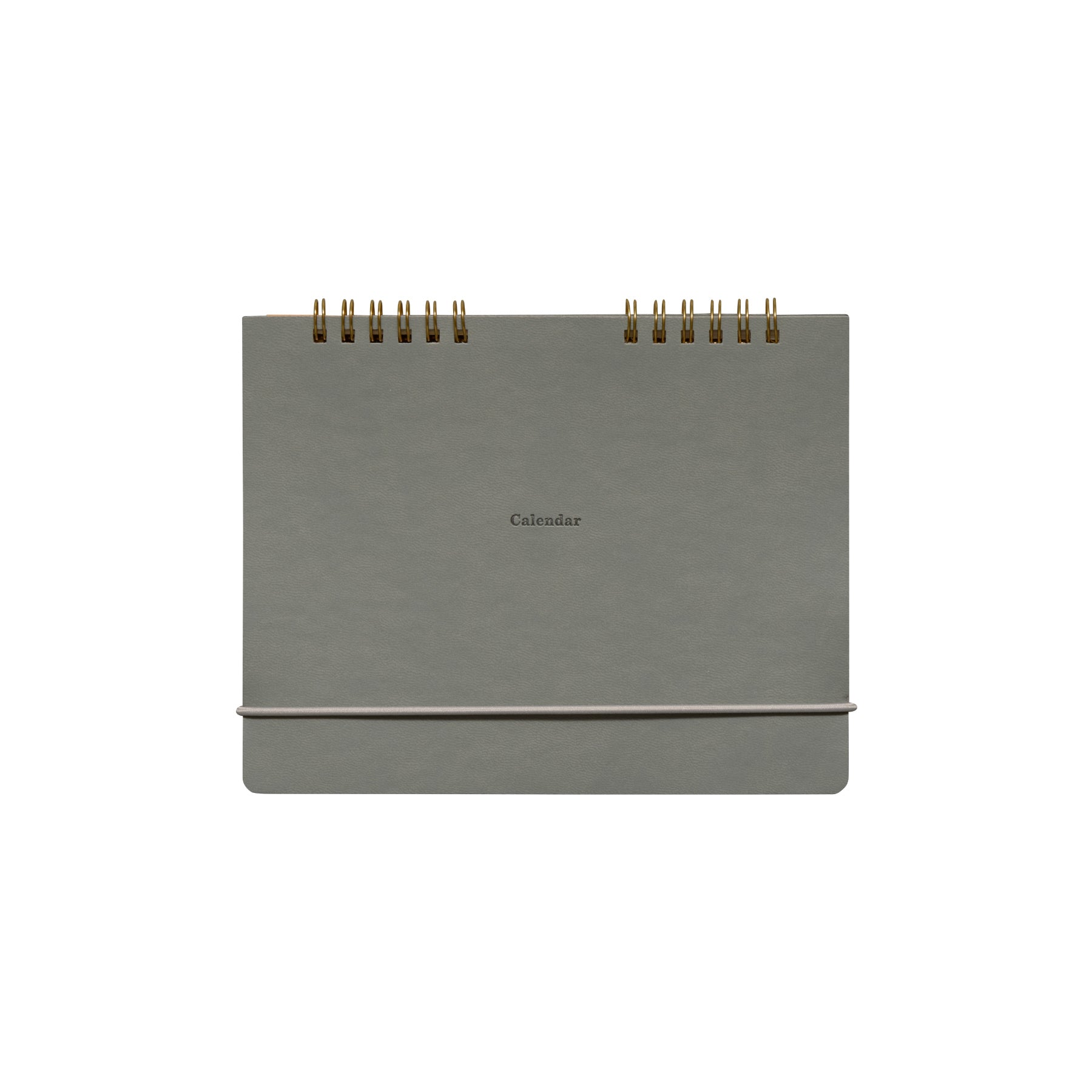 Light Gray standing desk calendar with twin gold spiral binding and "Calendar" printed on the cover.