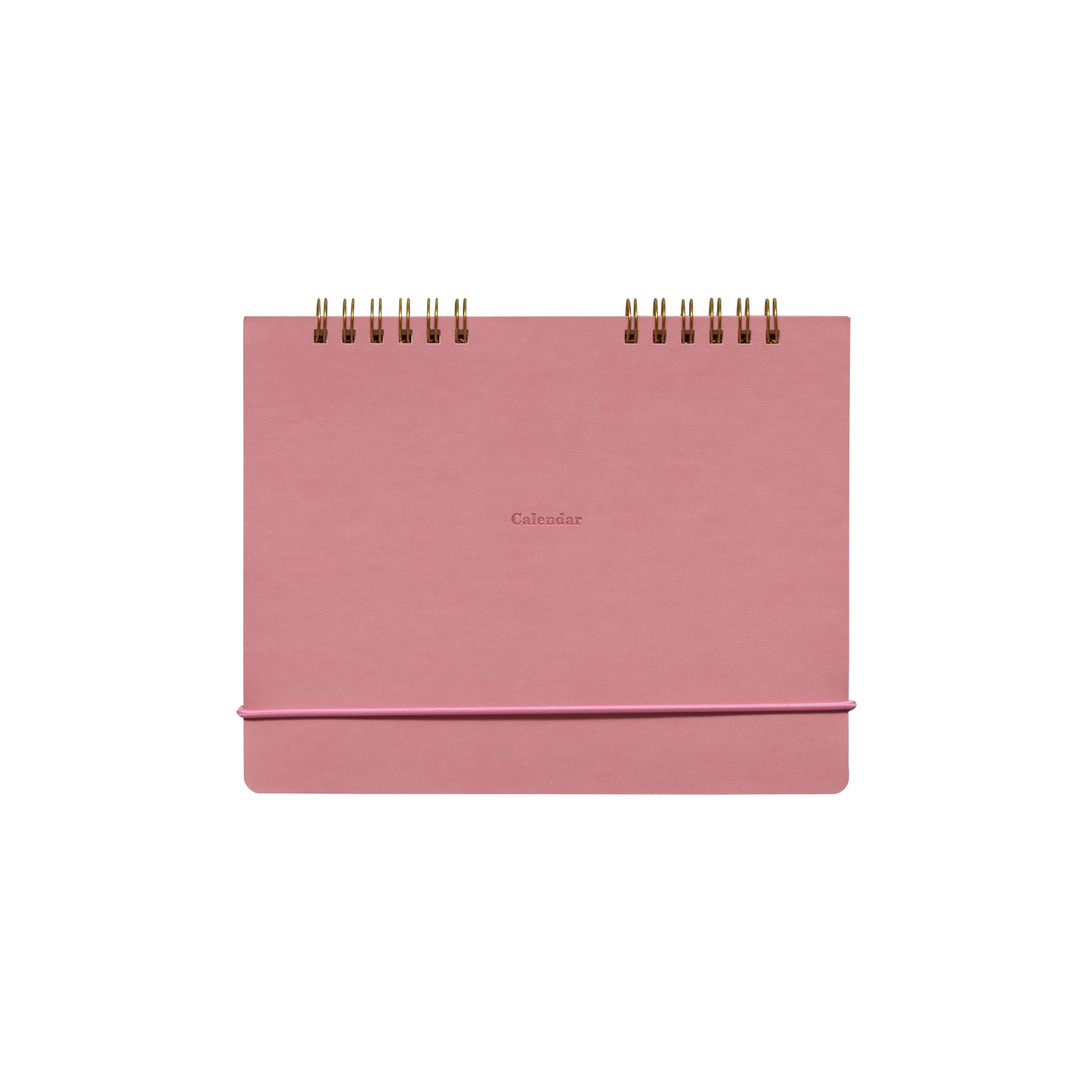 Pink standing desk calendar with twin gold wire binding and "Calendar" embossed on the front cover.