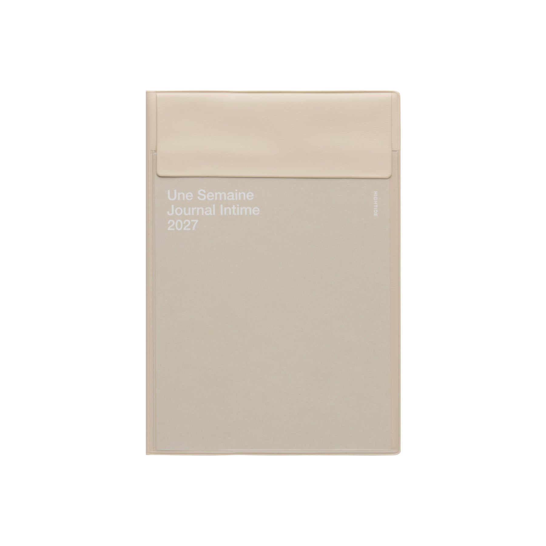 Beige Hightide 2027 monthly planner with envelope-style flap cover reading "Une Semaine Journal Intime 2027".