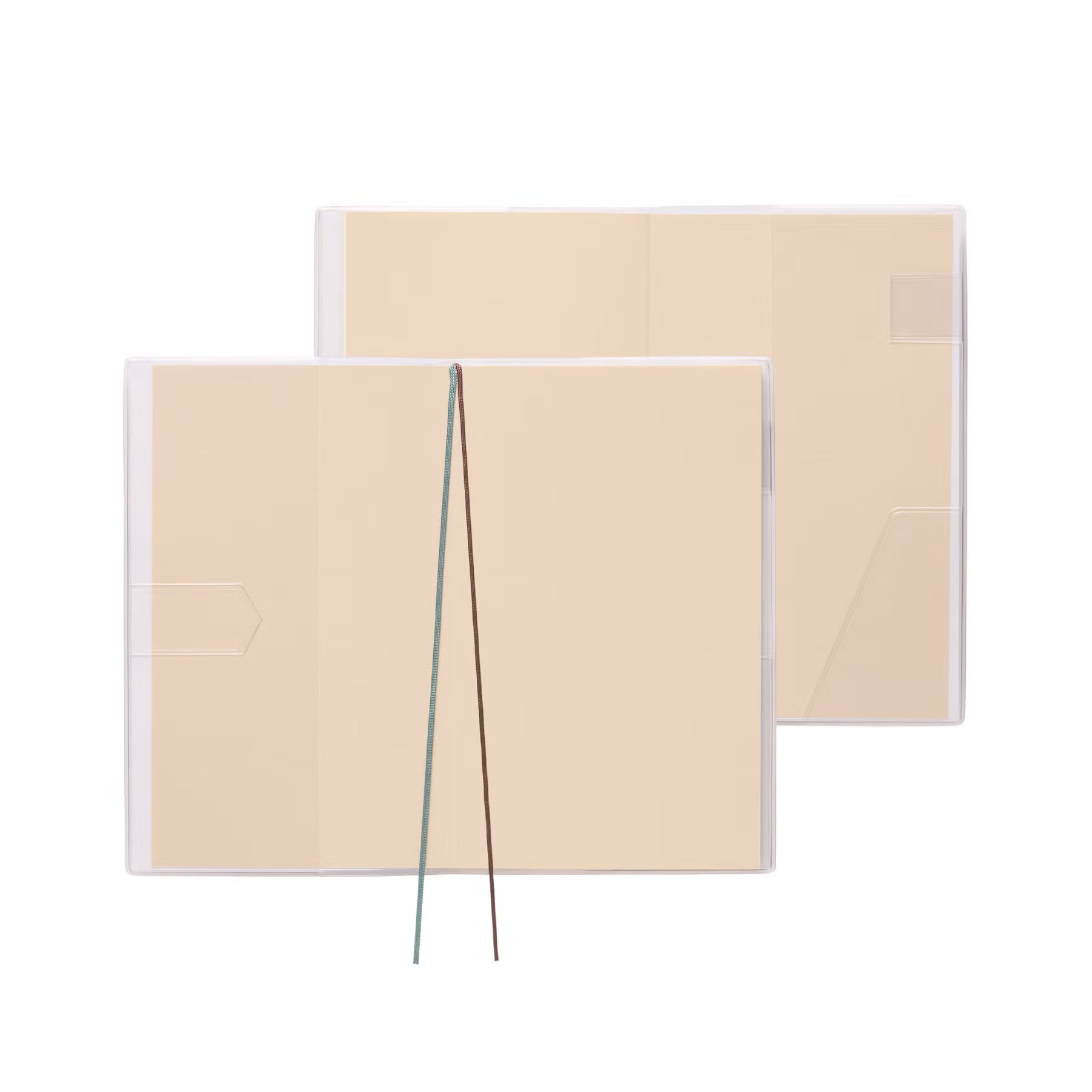 Two clear plastic planner covers shown open, with inner flap pockets and two ribbon bookmarks.