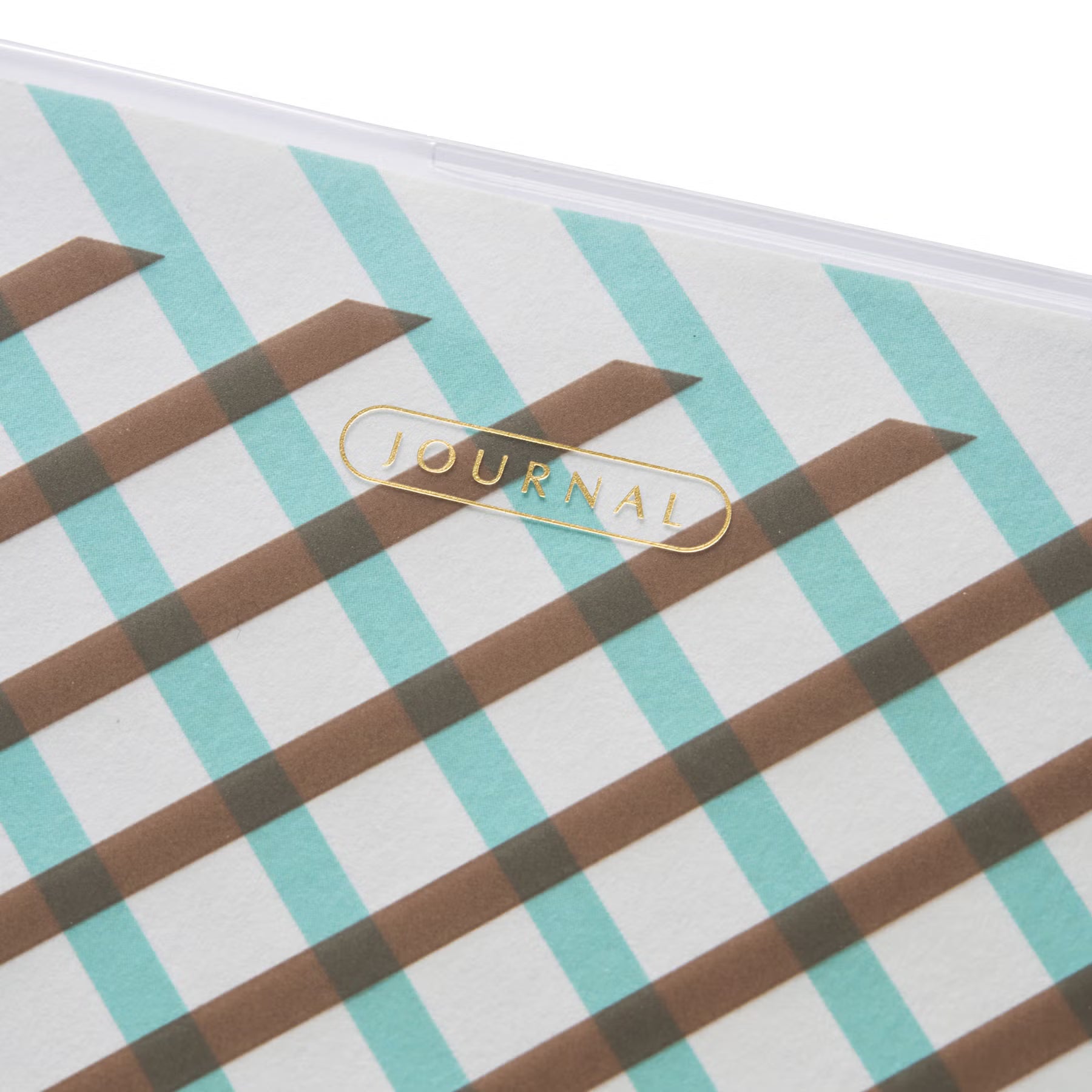 Close-up of the planner cover showing a Brown and mint check pattern with gold foil "JOURNAL" label.