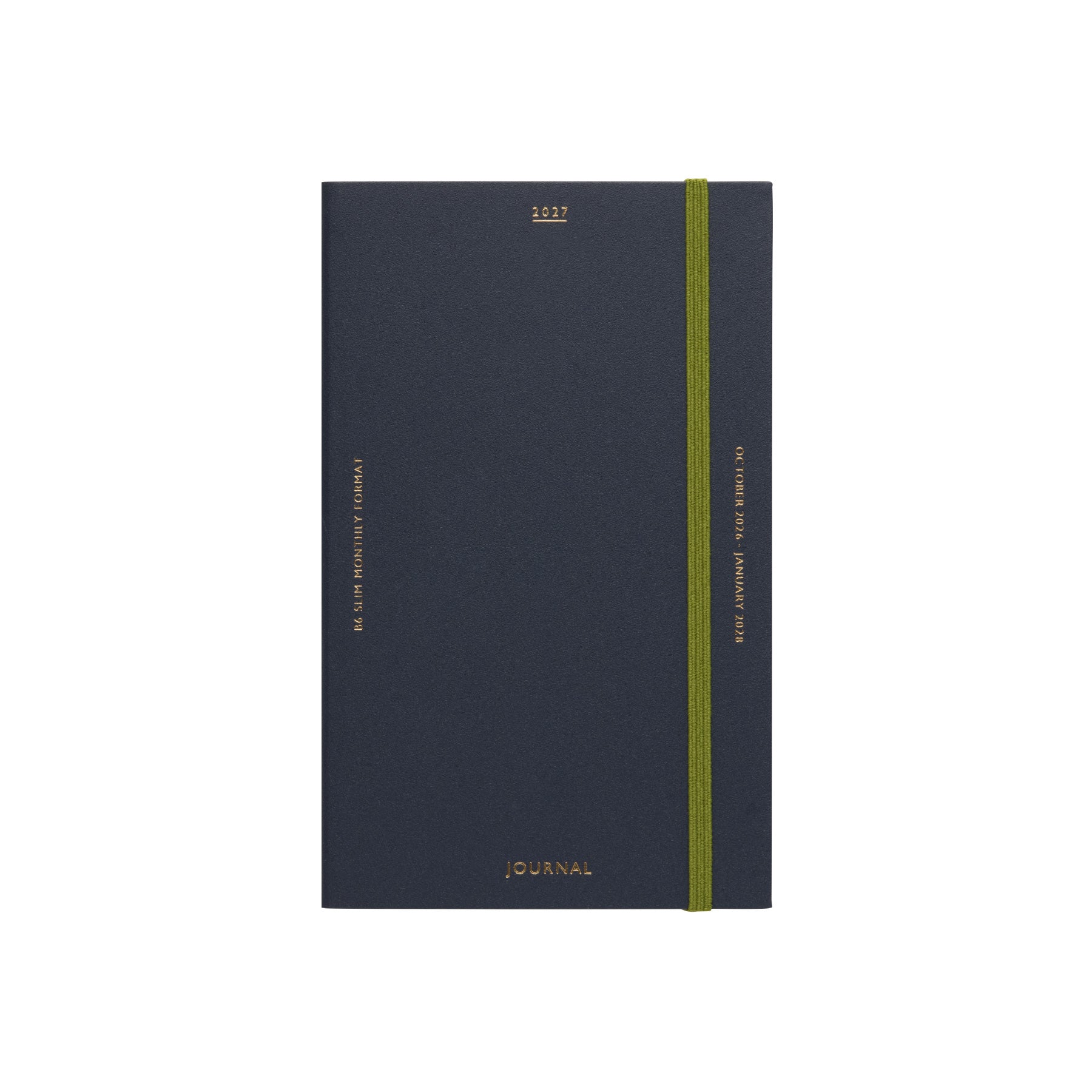 Navy 2027 Katy B6 Slim monthly planner with gold lettering and a green elastic closure band.