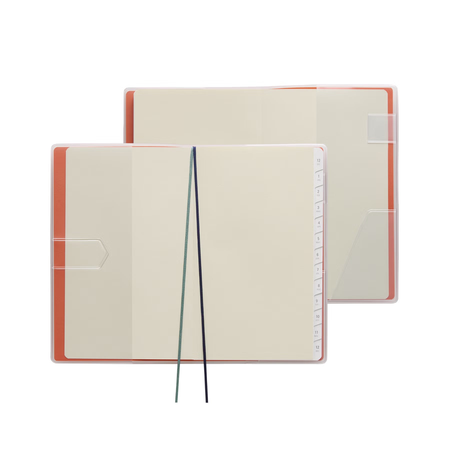 Nähe B6 Slim planner in Red shown open, with blank pages, monthly index tabs and two ribbon markers.