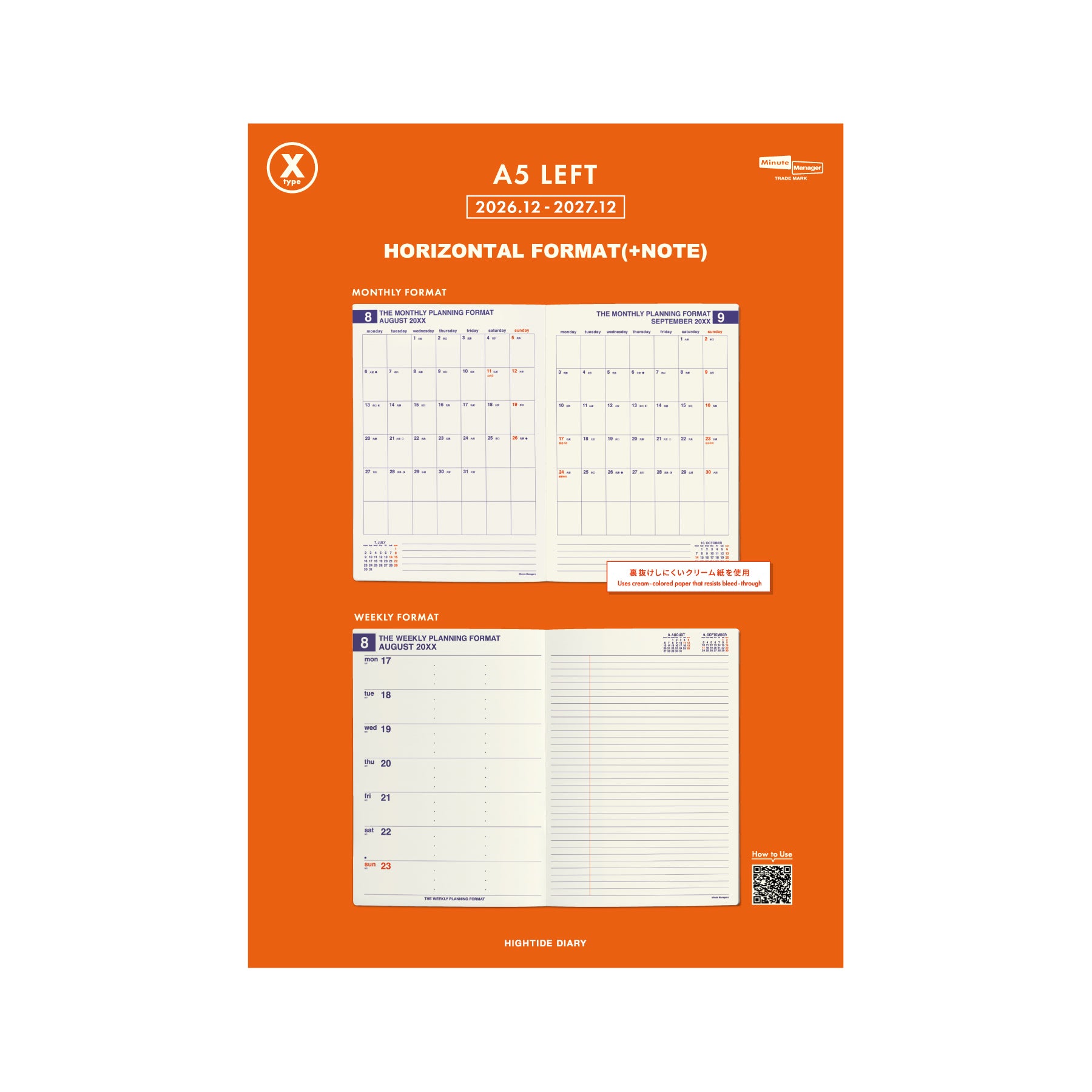 Orange chart showing Hightide A5 Left planner refill layouts: monthly grid spread and weekly horizontal format with notes.