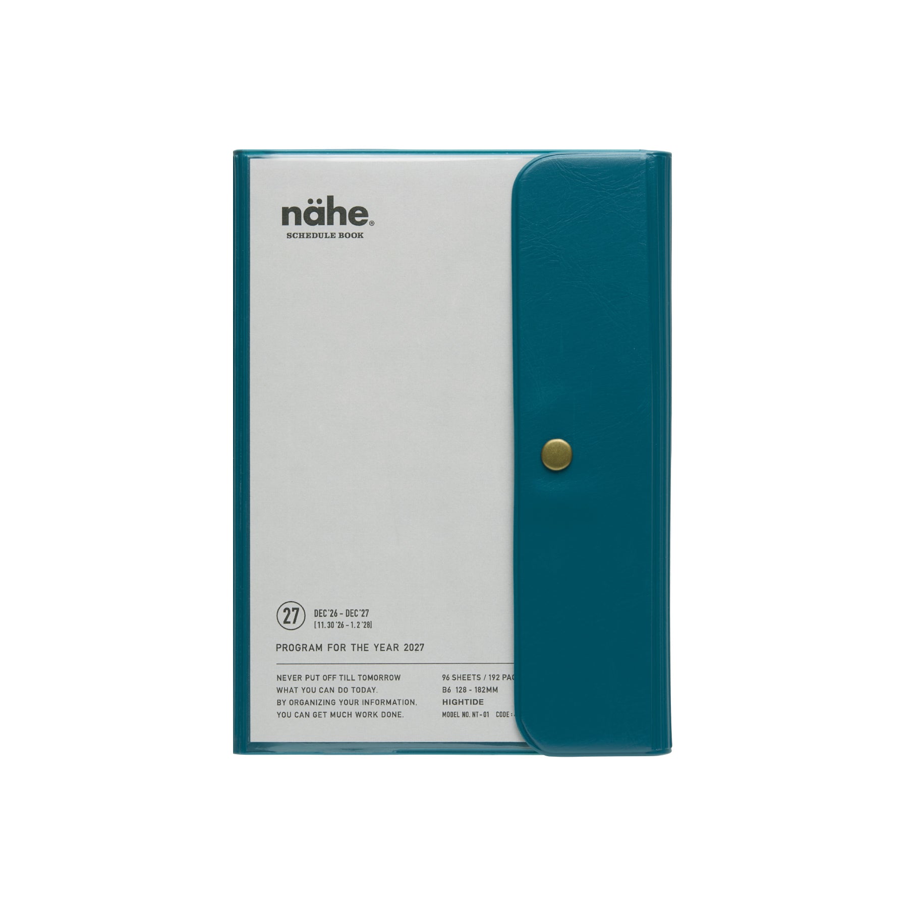 Nähe B6 weekly planner in Blue with a translucent cover, brass snap closure and printed insert card.