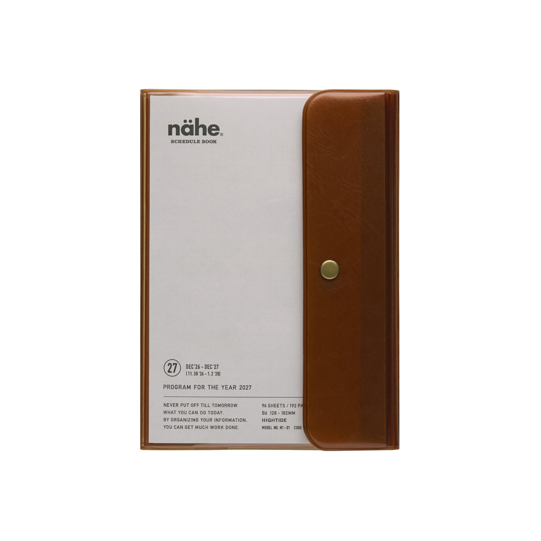 Nähe B6 weekly planner in Clear Brown, translucent cover with brown flap and gold snap closure.