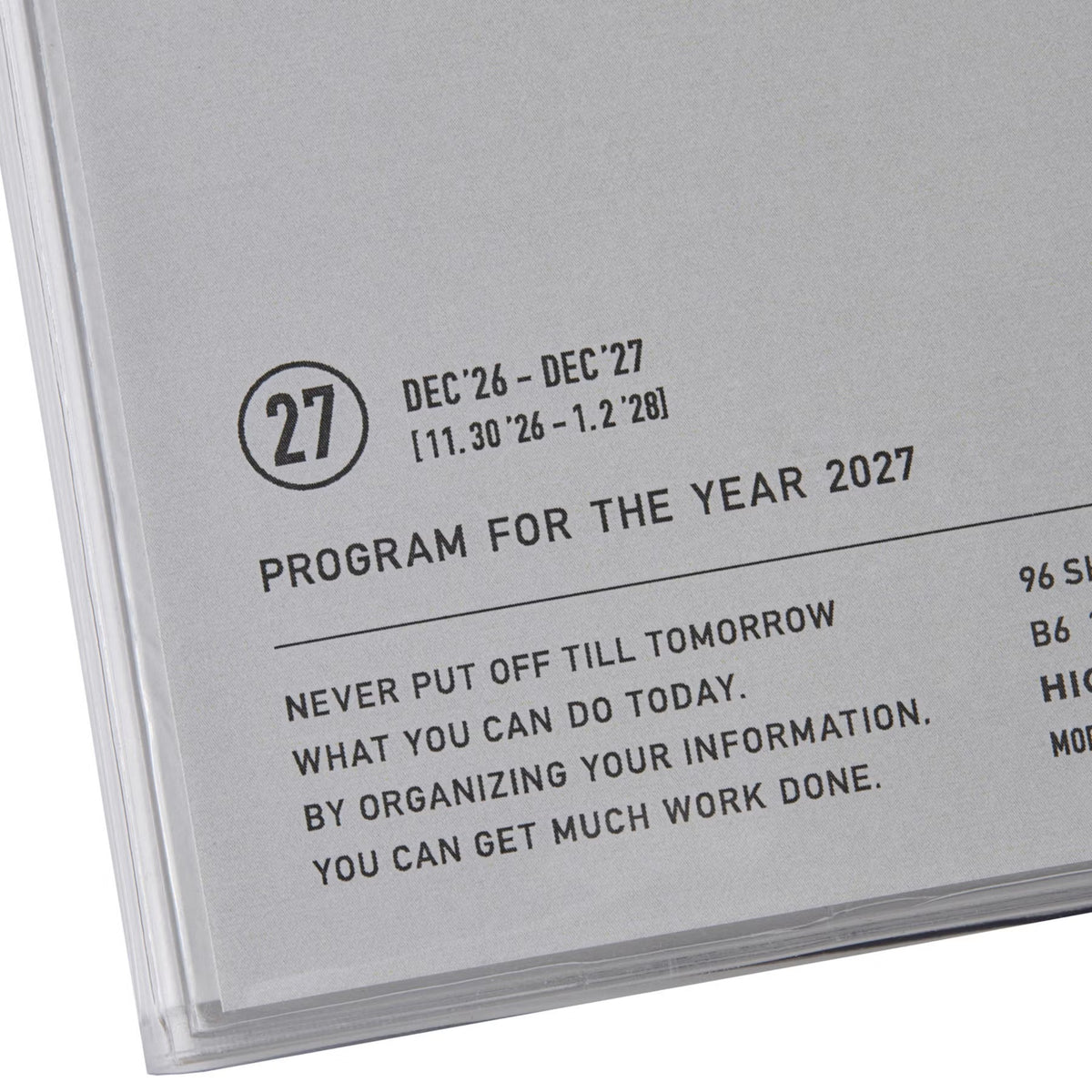 Close-up of the Nähe planner's grey printed cover label showing "Program for the Year 2027" and dates.