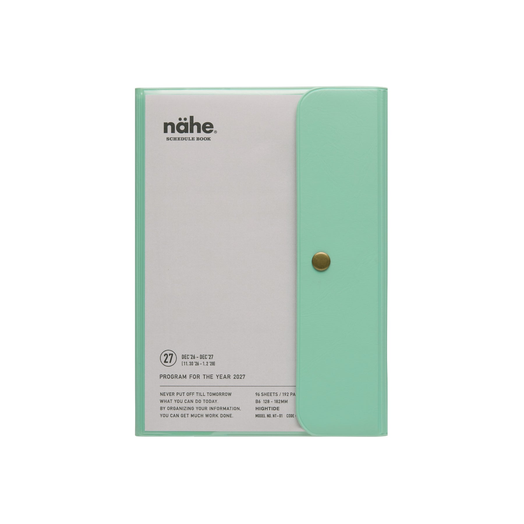 Nähe B6 weekly planner in Mint with translucent cover, brass snap closure and printed title card inside.