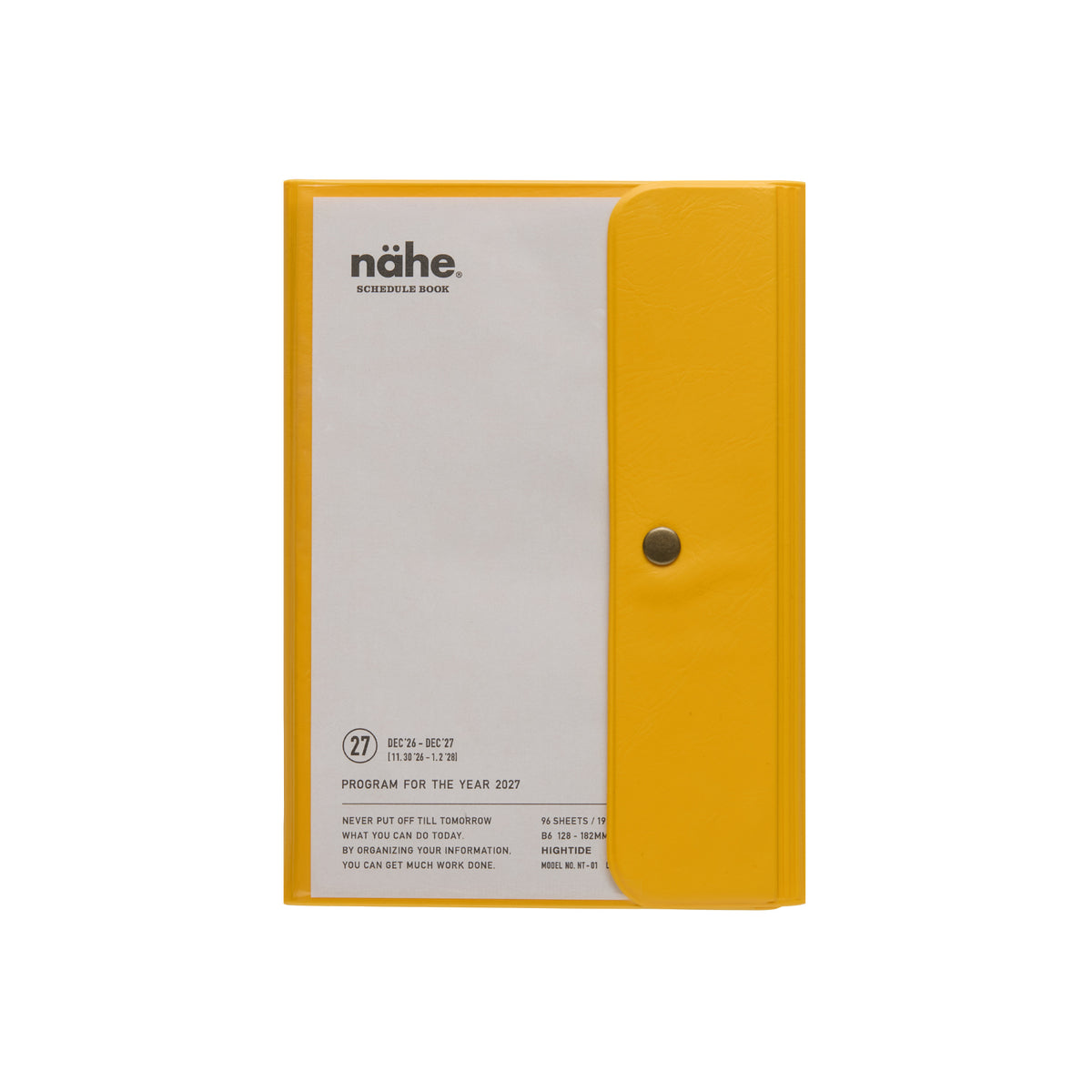 Nähe B6 weekly planner in Yellow with clear cover, snap-button flap and schedule book title page.
