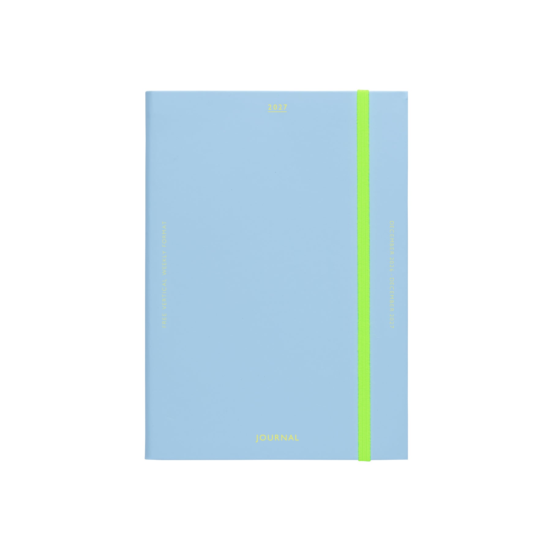 Hightide 2027 weekly planner in Light Blue with gold lettering and a bright green elastic band closure.