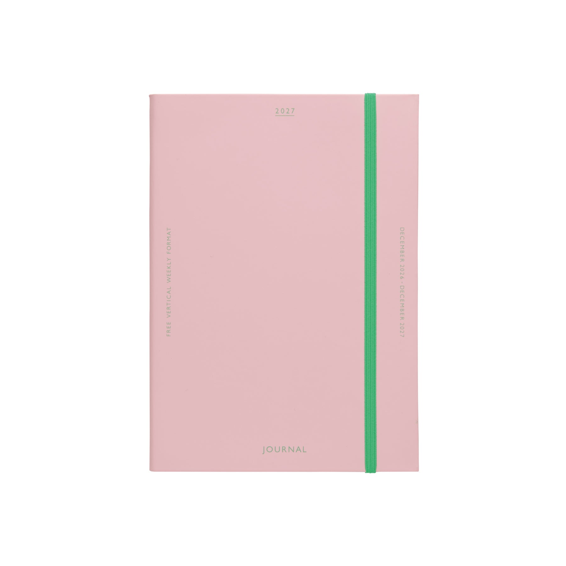 Hightide 2027 weekly planner in Pink with a green elastic band and gold "JOURNAL" and 2027 lettering.