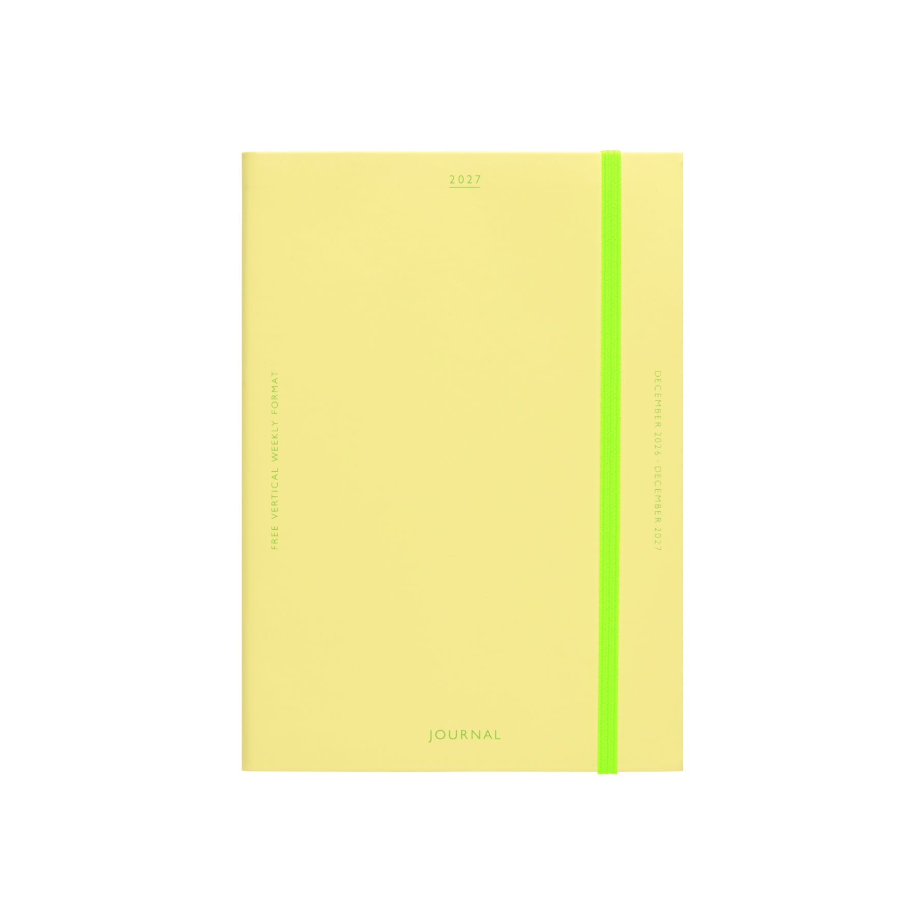 Yellow 2027 weekly planner cover with green elastic band closure and "Journal" text at the bottom.