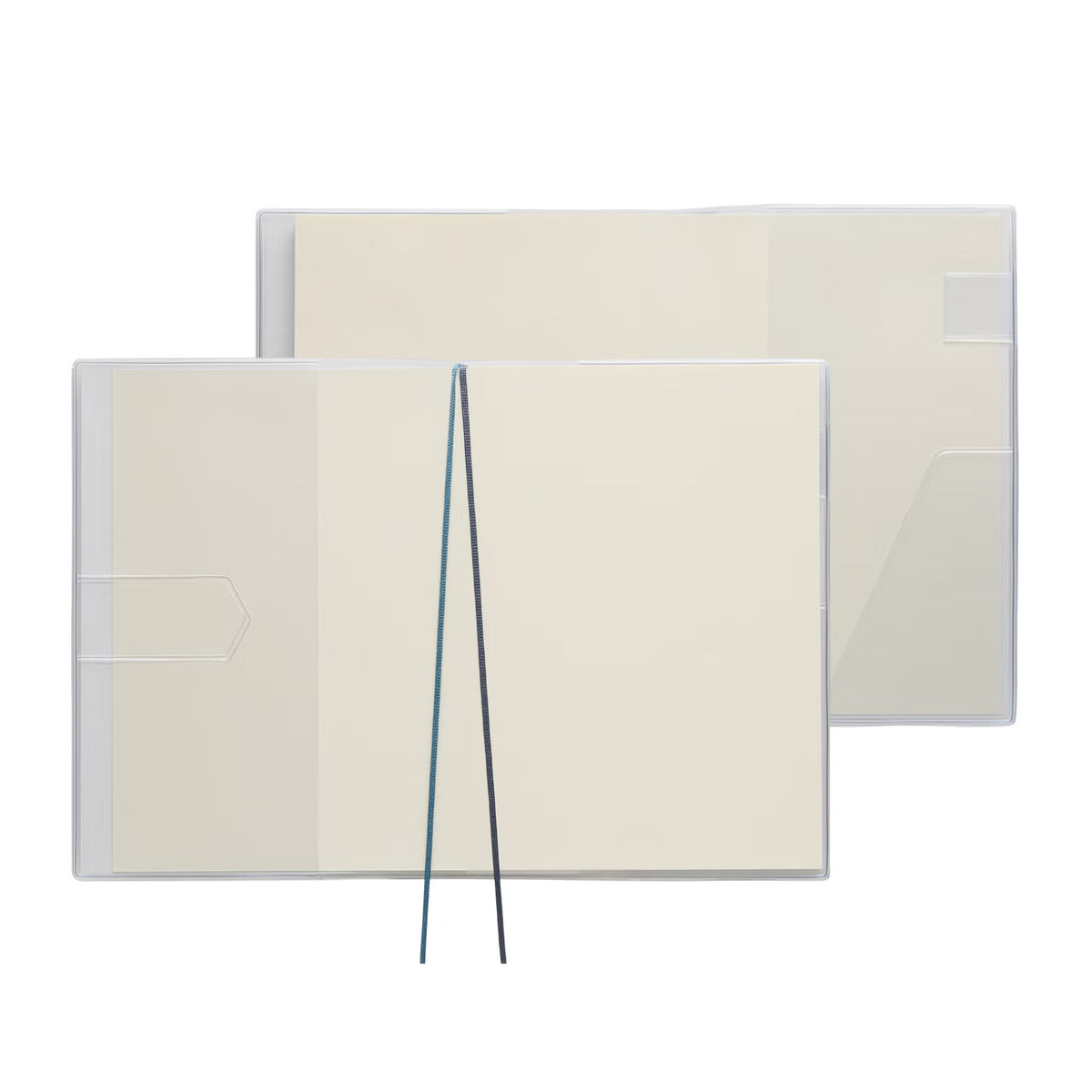 Two open planners in clear protective covers, showing blank pages, corner pockets and two ribbon markers.