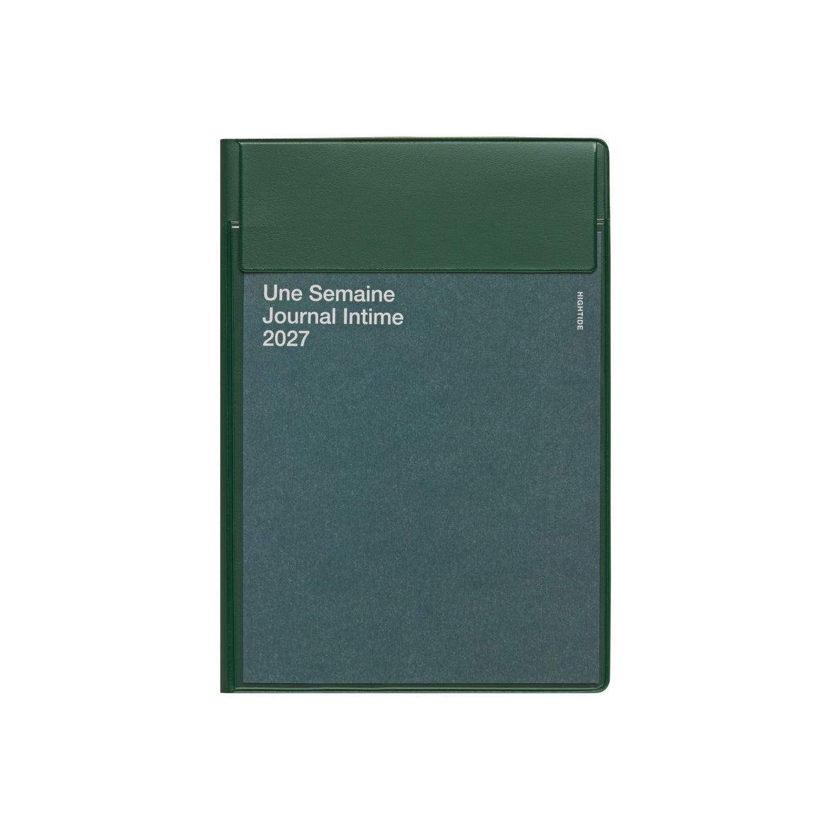 Hightide 2027 Iris weekly planner in Green with a lidded cover pocket and grey titled front panel.