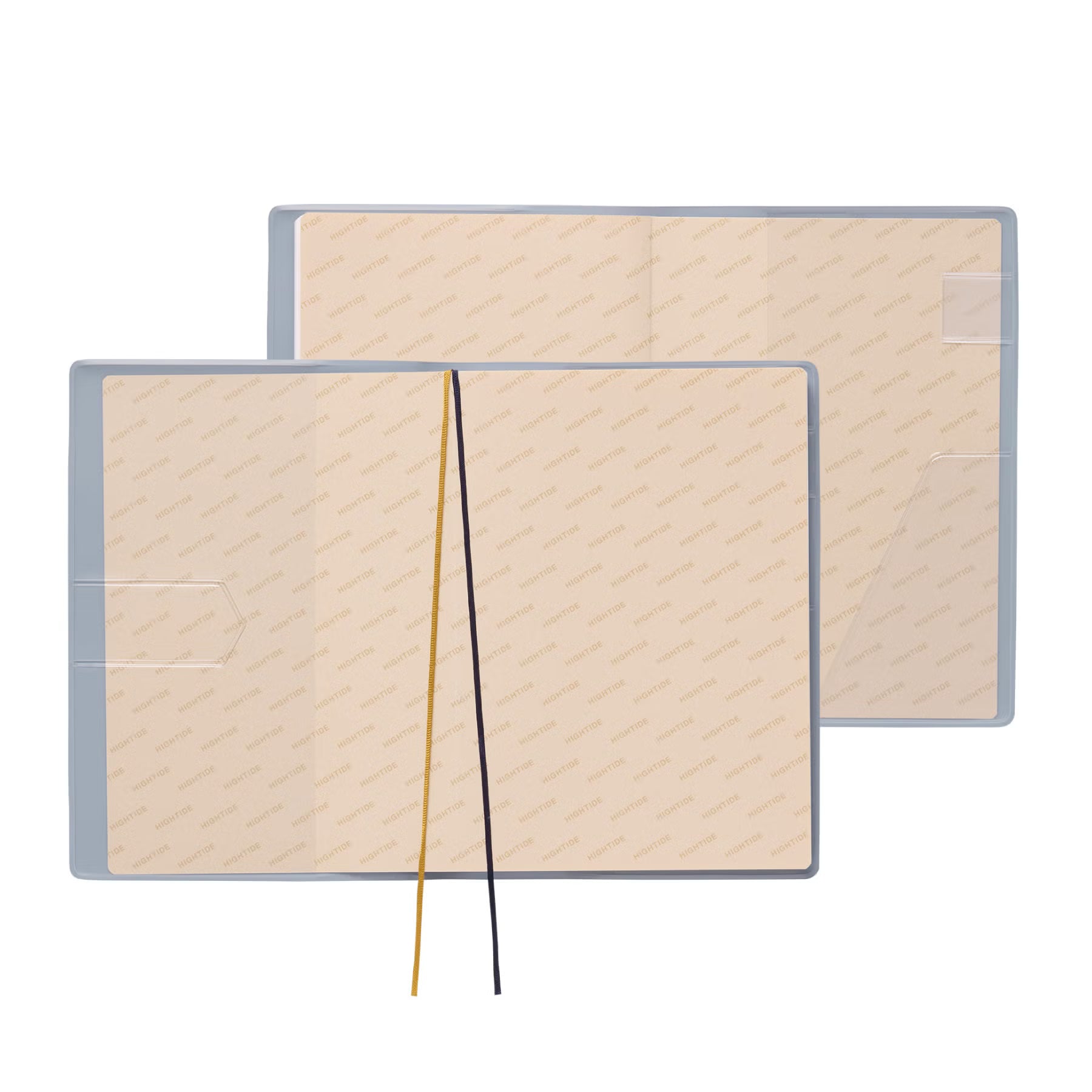 Two open Light Gray planner covers showing clear inner pockets and yellow and dark ribbon bookmarks.