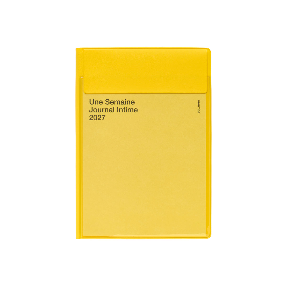 Hightide Iris 2027 weekly planner in Yellow with a lidded cover pocket and "Une Semaine Journal Intime 2027" text.