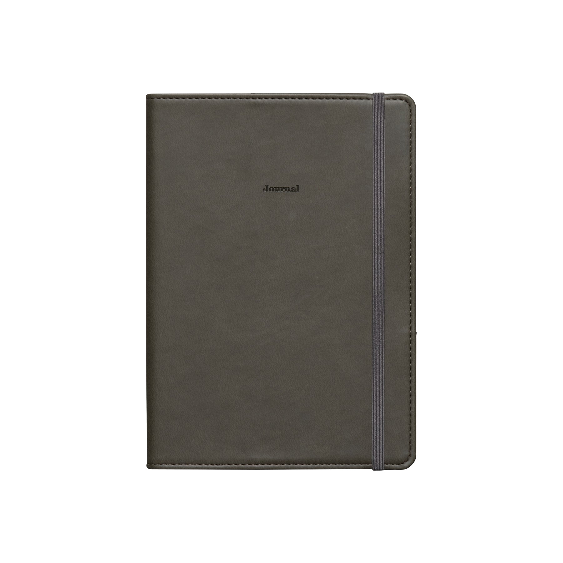 Gray B6 planner with soft velour-like cover, "Journal" embossed on the front and matching elastic band.