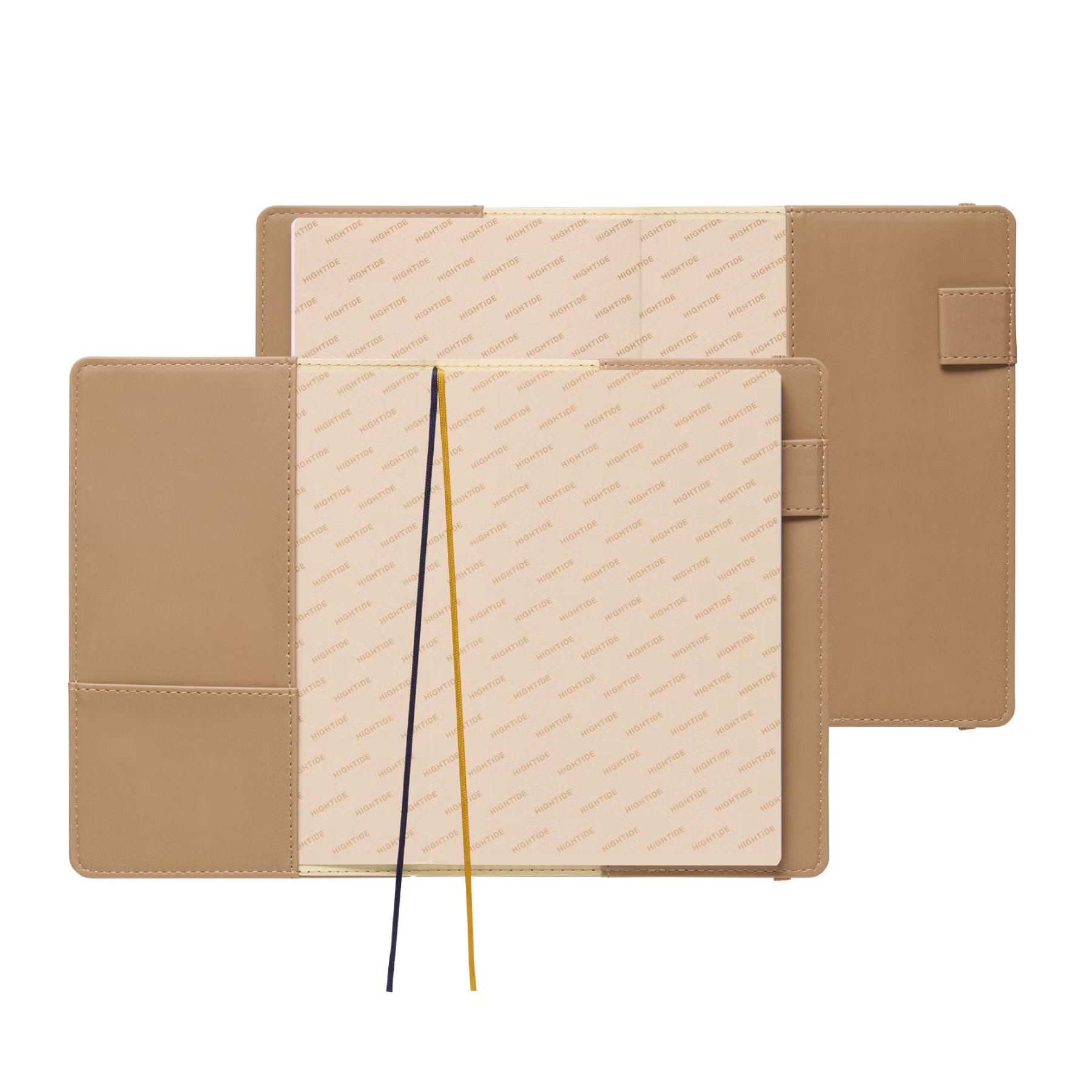 Dark Beige planner opened flat showing patterned inside covers, side pockets and navy and yellow ribbon markers.