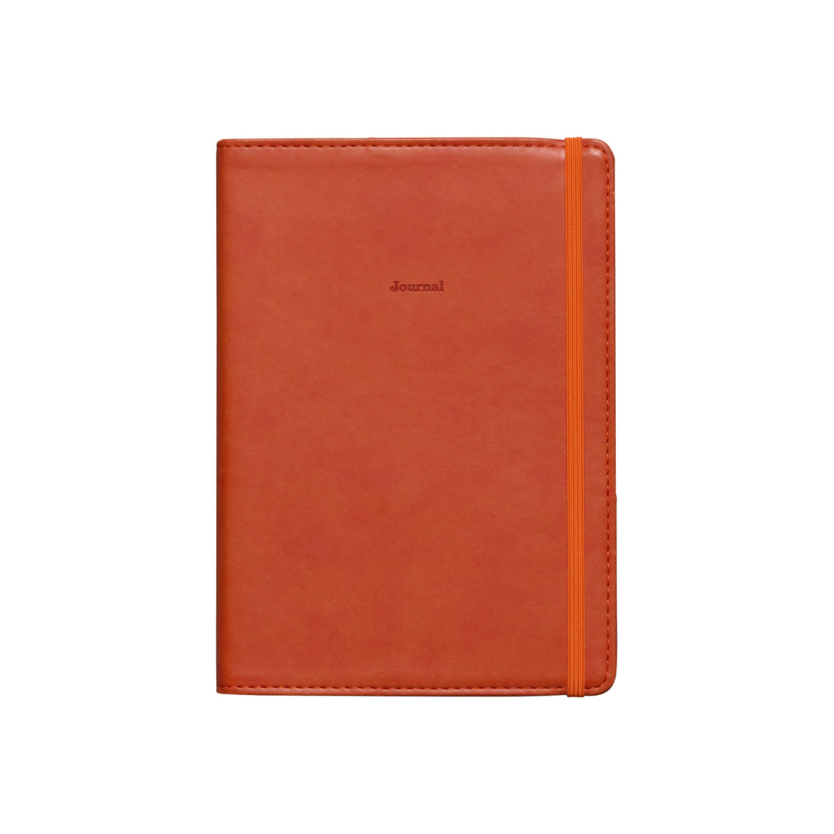 Red Brown weekly planner cover embossed with "Journal", closed with a matching flat elastic band.