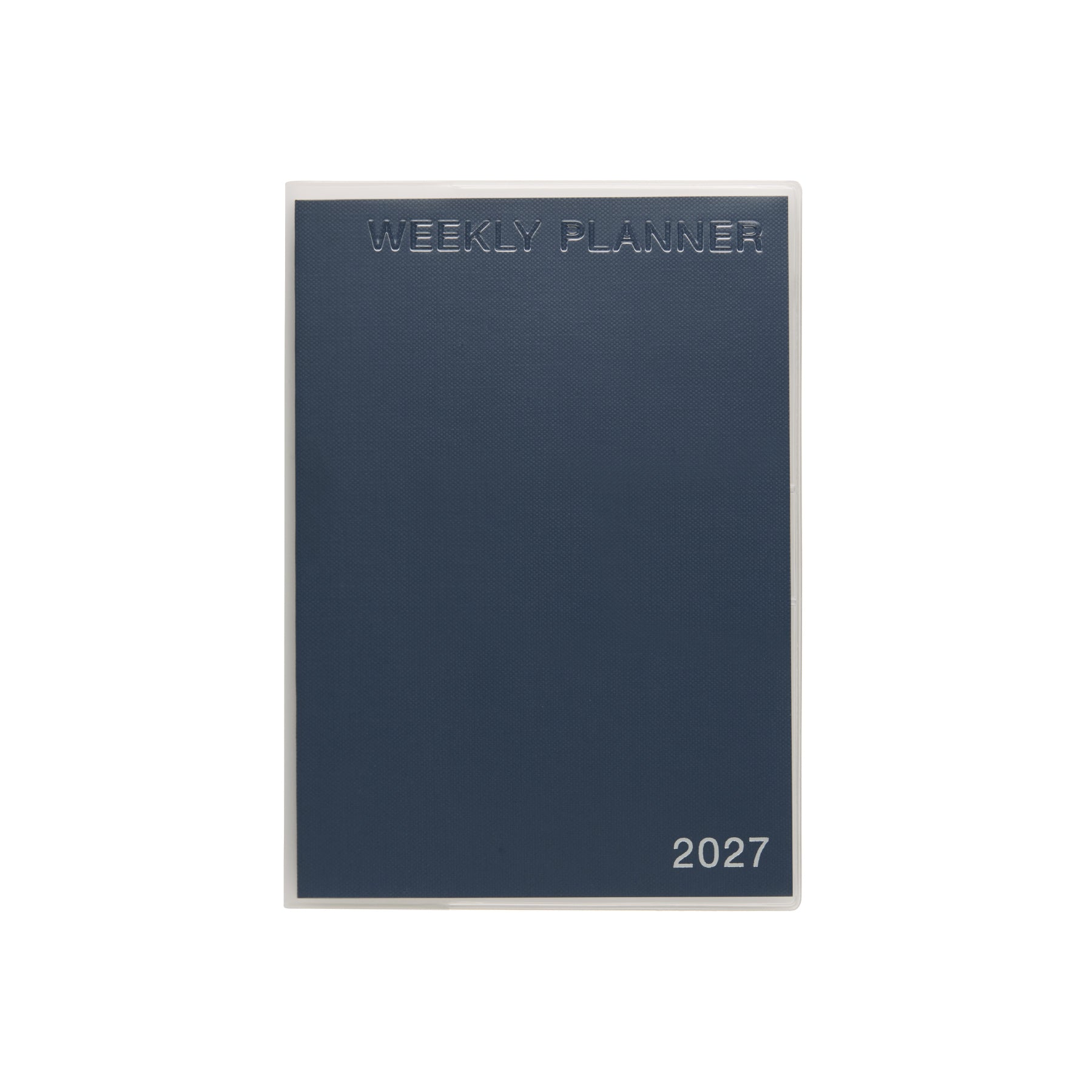 Navy B6 weekly planner with textured cover under a clear jacket embossed "Weekly Planner" and "2027".