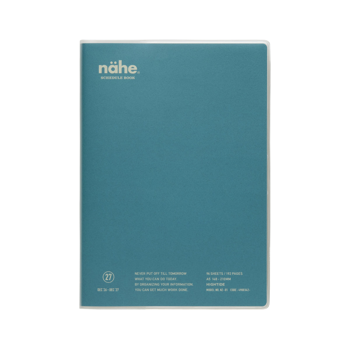 Nähe A5 schedule book in Blue with clear protective cover, showing logo and printed details on front.