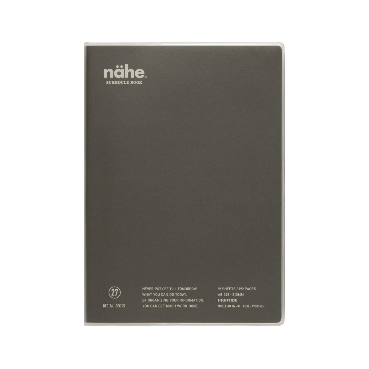 Nähe A5 weekly planner in Gray with clear cover, showing logo and printed details on the front.