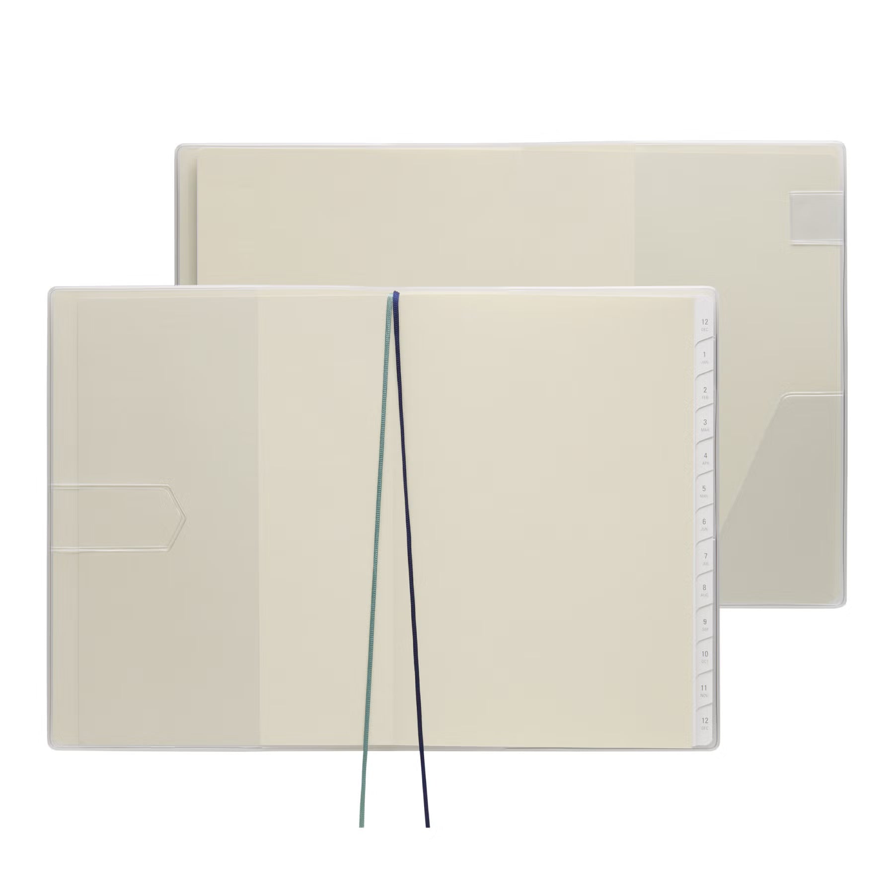 Nähe A5 planner opened flat with clear cover, inner pocket, numbered monthly tabs and two ribbon markers.