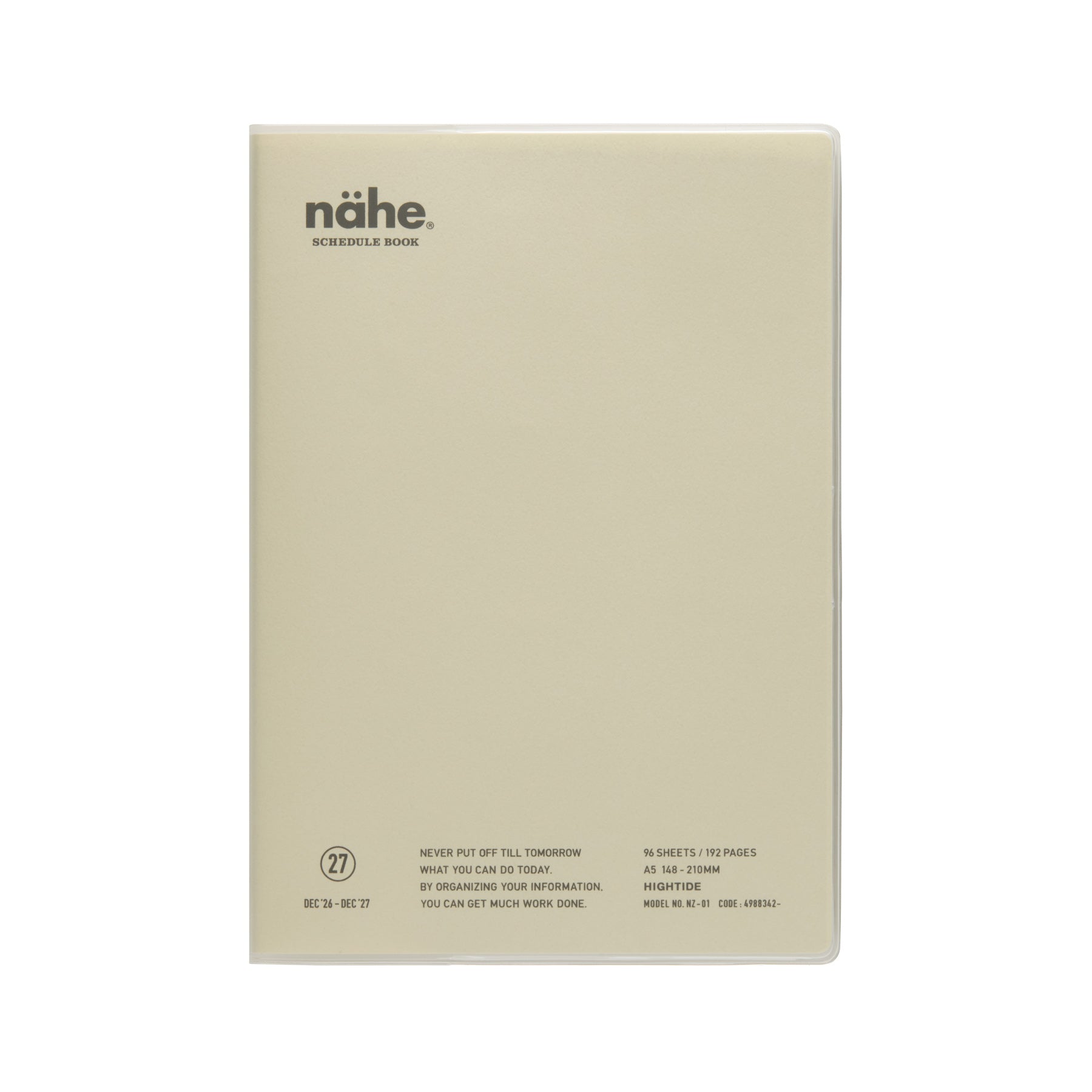 Nähe A5 schedule book in Ivory with clear cover, logo and printed details on the front.