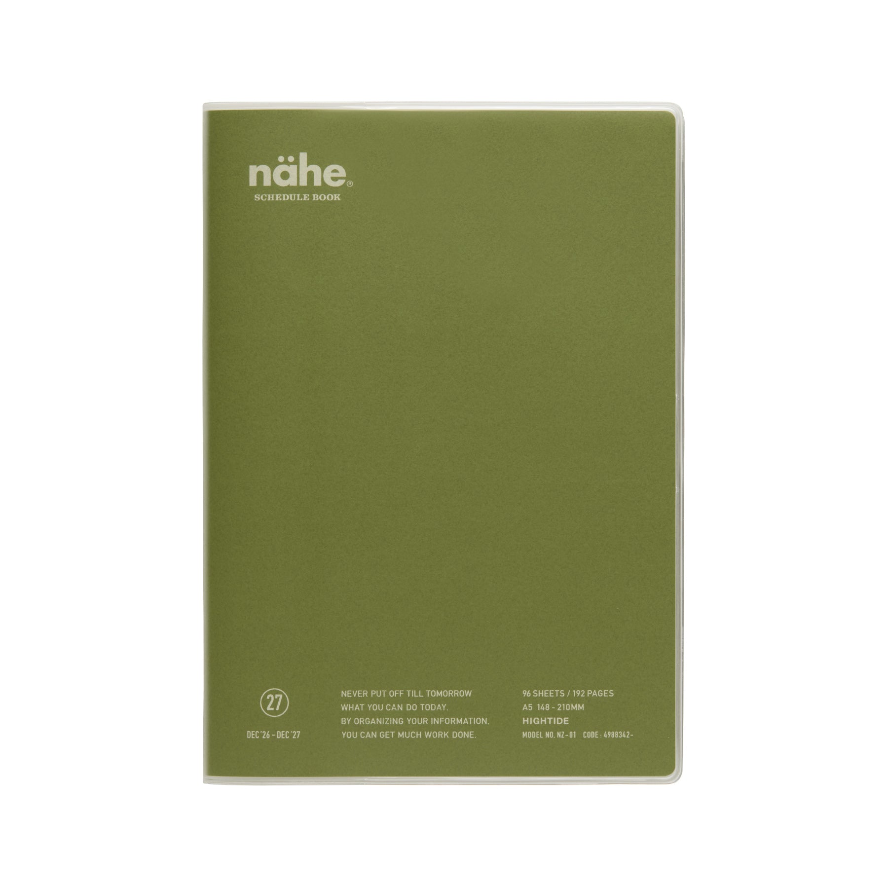 Nähe A5 schedule book in Khaki with clear cover, showing the logo and printed details on the front.