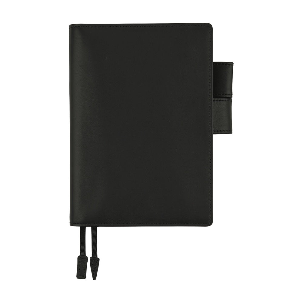 Black leather Hobonichi A6 planner cover, closed, with side pen loop and two ribbon bookmarks.