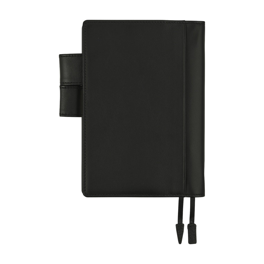 Black leather A6 planner cover with side pen loop and two ribbon bookmarks hanging