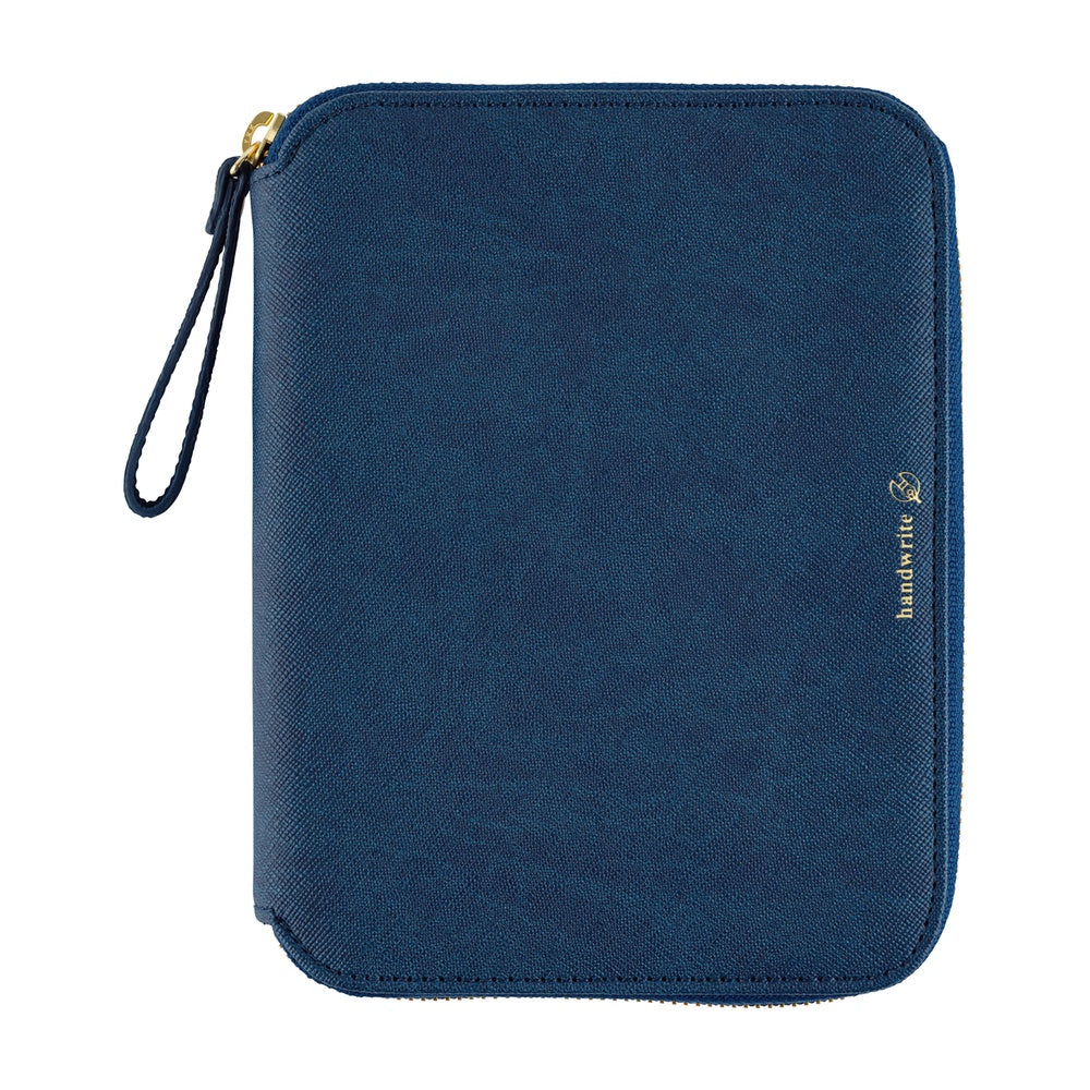 Lago blue A6 planner cover with textured finish, gold zipper, wrist strap and "handwrite" gold lettering