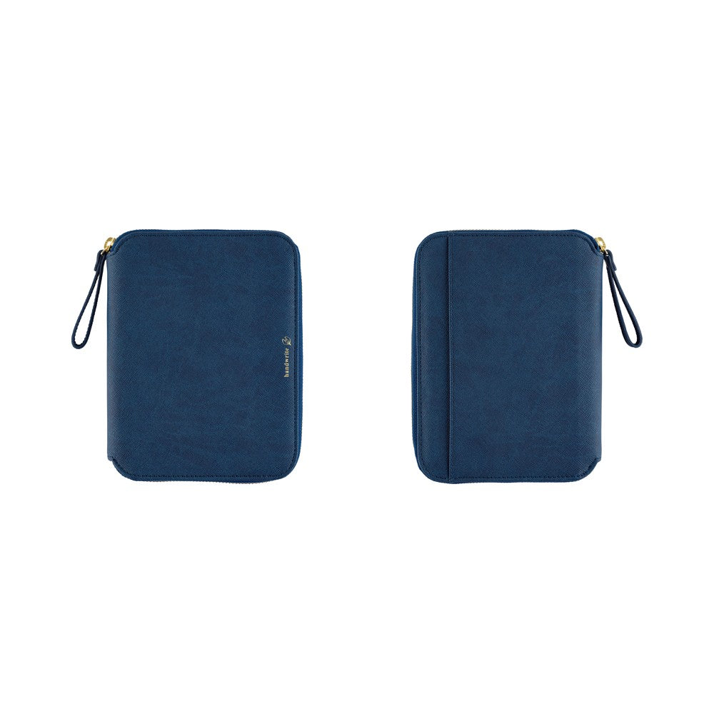 Hobonichi A6 zippered planner cover in Lago blue, front and back views with wrist strap and gold zipper.
