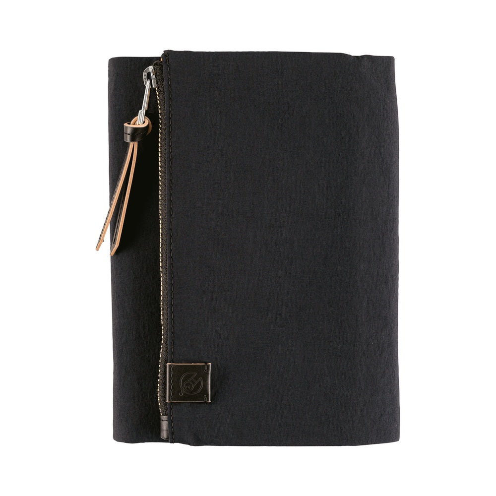 Hobonichi A6 Tragen book cover in Black fabric with side zip pocket, leather pull tag and metal logo plate.