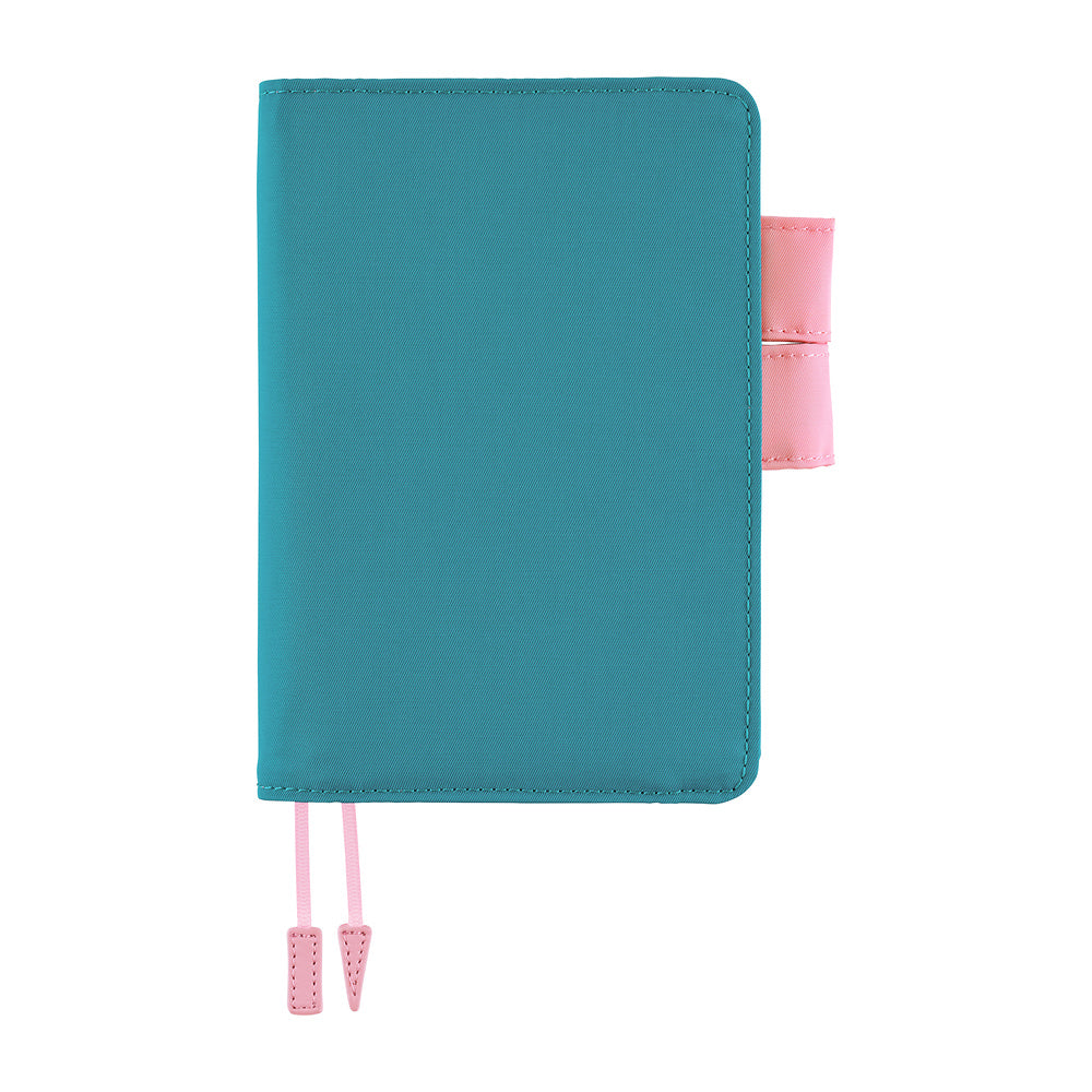 Hobonichi A6 Original book cover in teal with pink pen loops and two pink ribbon bookmarks.