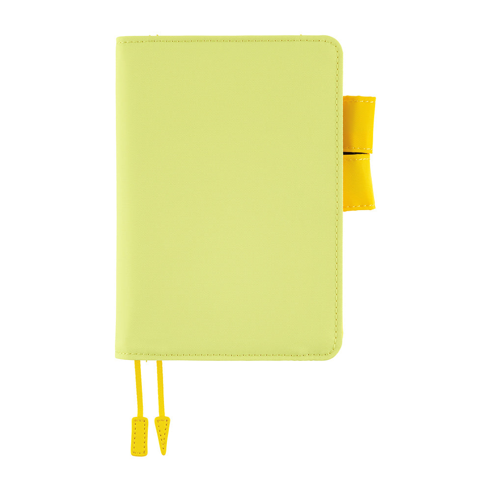 Hobonichi A6 book cover in Fresh Citron with yellow pen loop and two yellow bookmark tabs, front view.