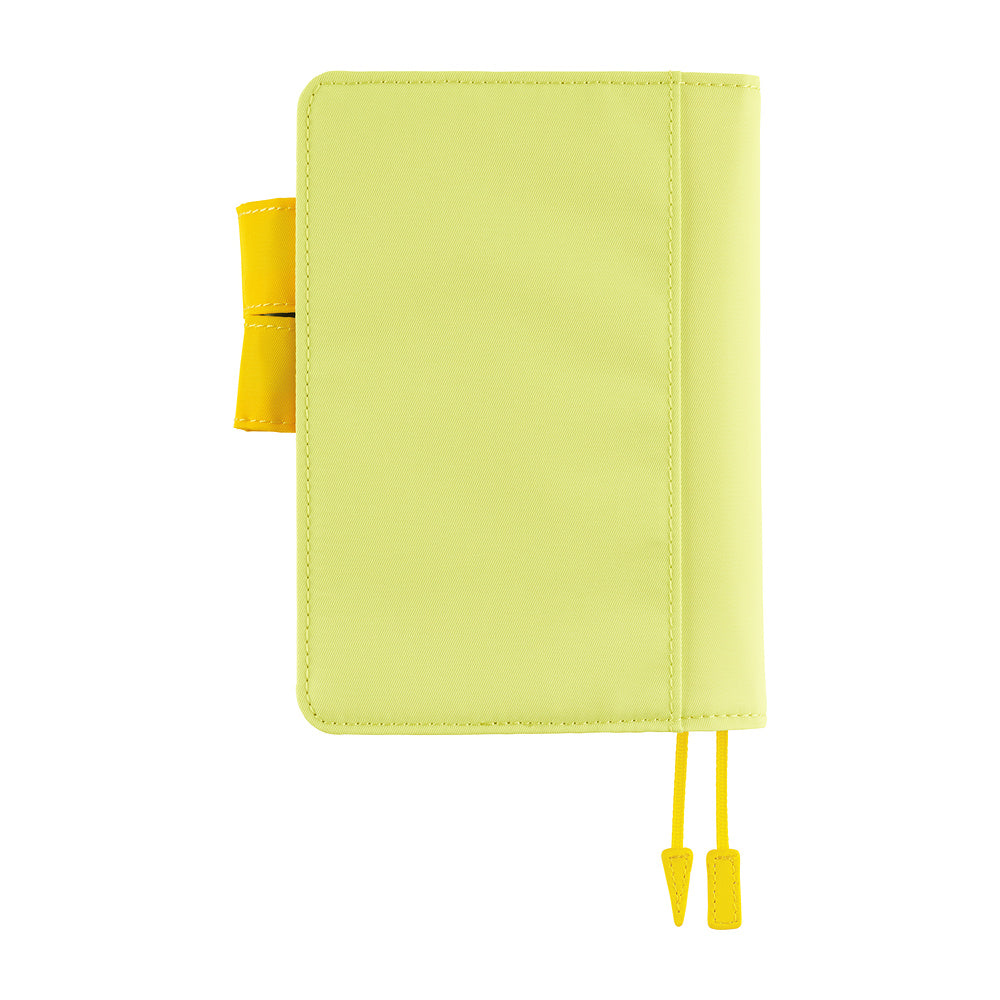 Hobonichi A6 book cover in Fresh Citron with pen loop, elastic closure and two yellow bookmark tabs