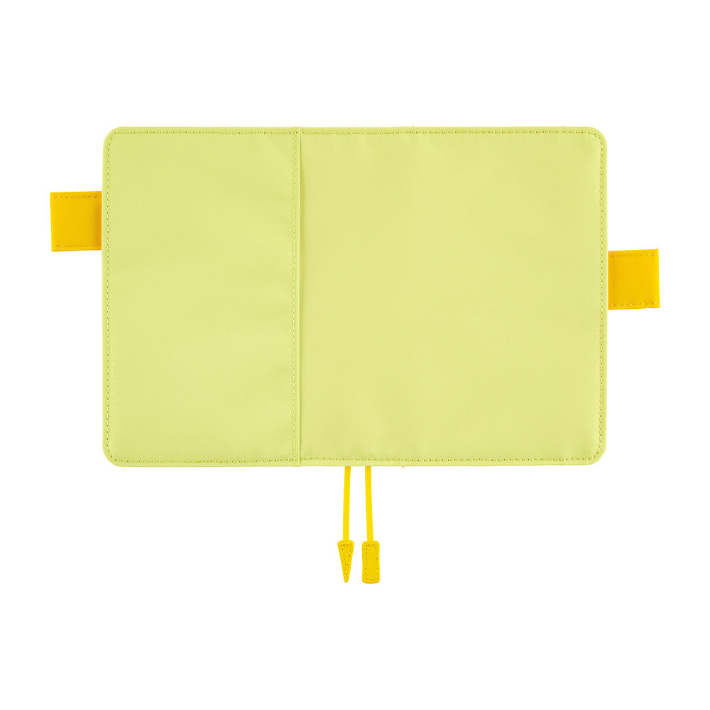 Hobonichi A6 book cover in Fresh Citron, opened flat to show inner panels, side flaps and two bookmarks.