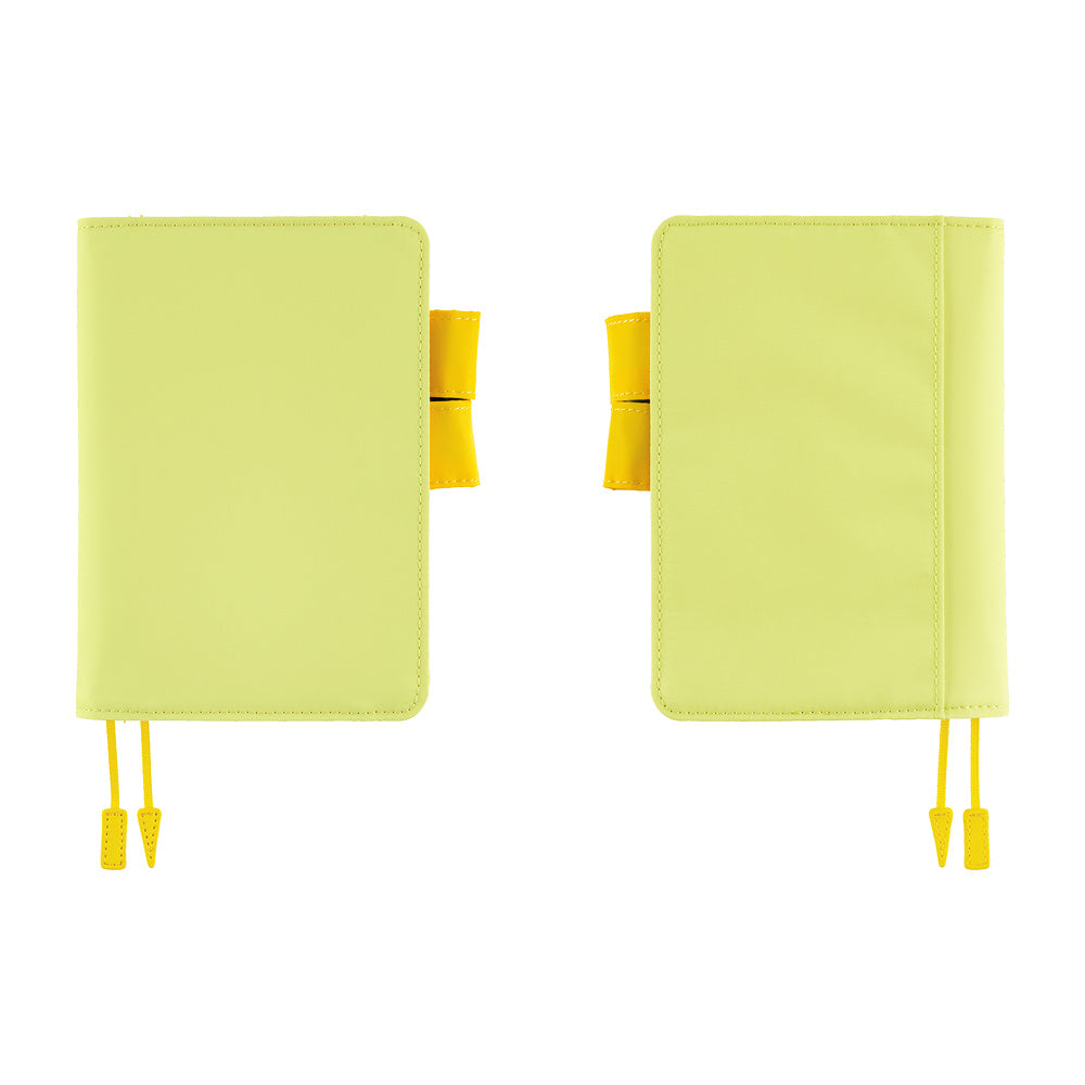 Hobonichi A6 book cover in Fresh Citron, shown front and back with yellow pen loop and bookmarks.