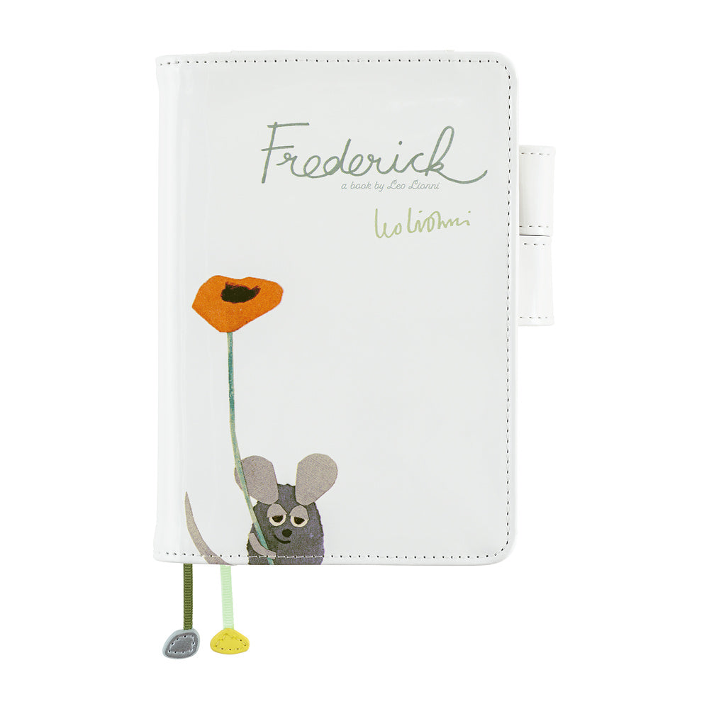 White A6 planner cover with Leo Lionni's Frederick mouse and orange poppy, pen loop and two bookmarks.
