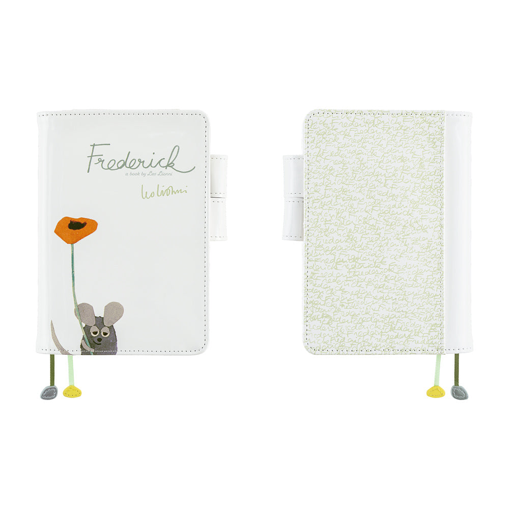 Front and back views of White Hobonichi A6 cover with Leo Lionni mouse, poppy and green script print