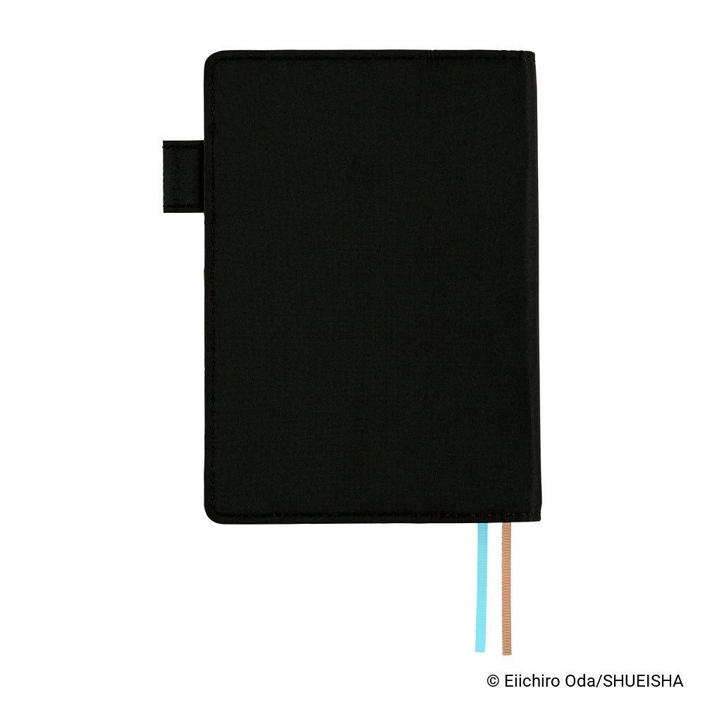 Back view of the Black A6 book cover, plain with a side pen loop and light blue and tan bookmarks.