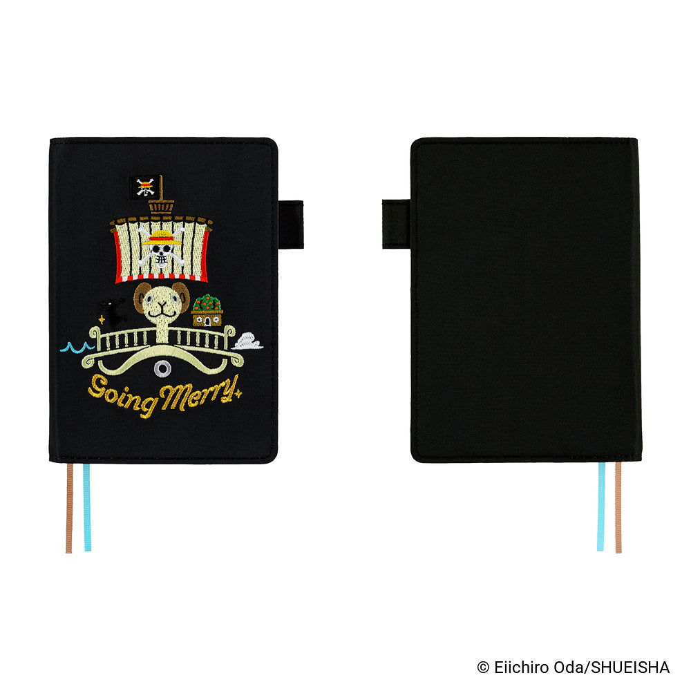 Black A6 book cover, front and back, with embroidered Going Merry ship and ribbon bookmarks