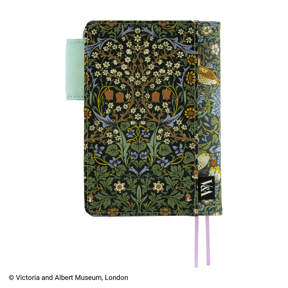 Hobonichi A6 planner cover in Dark Green floral William Morris print with V&A label and pink bookmarks
