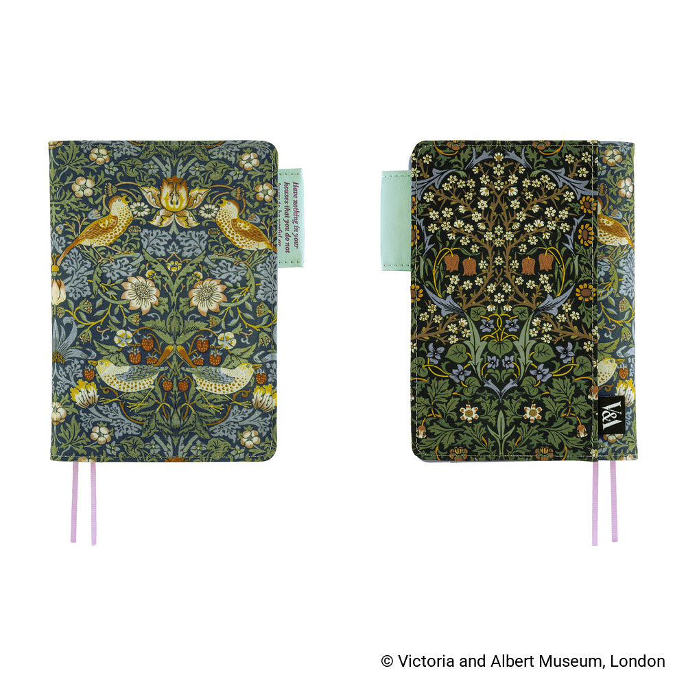 Front and back views of a Dark Green A6 planner cover in V&A William Morris floral and bird prints
