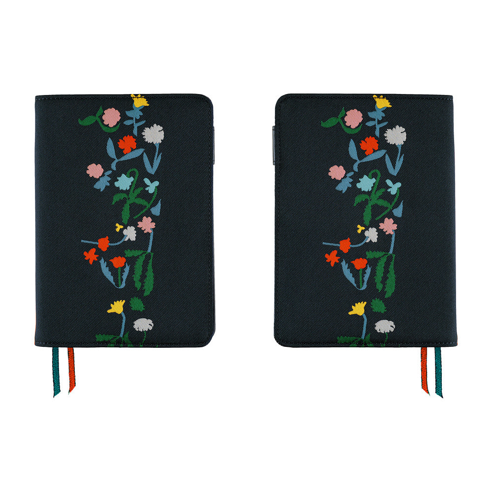 Front and back views of a Navy A6 planner cover with colorful floral print and two ribbon bookmarks.