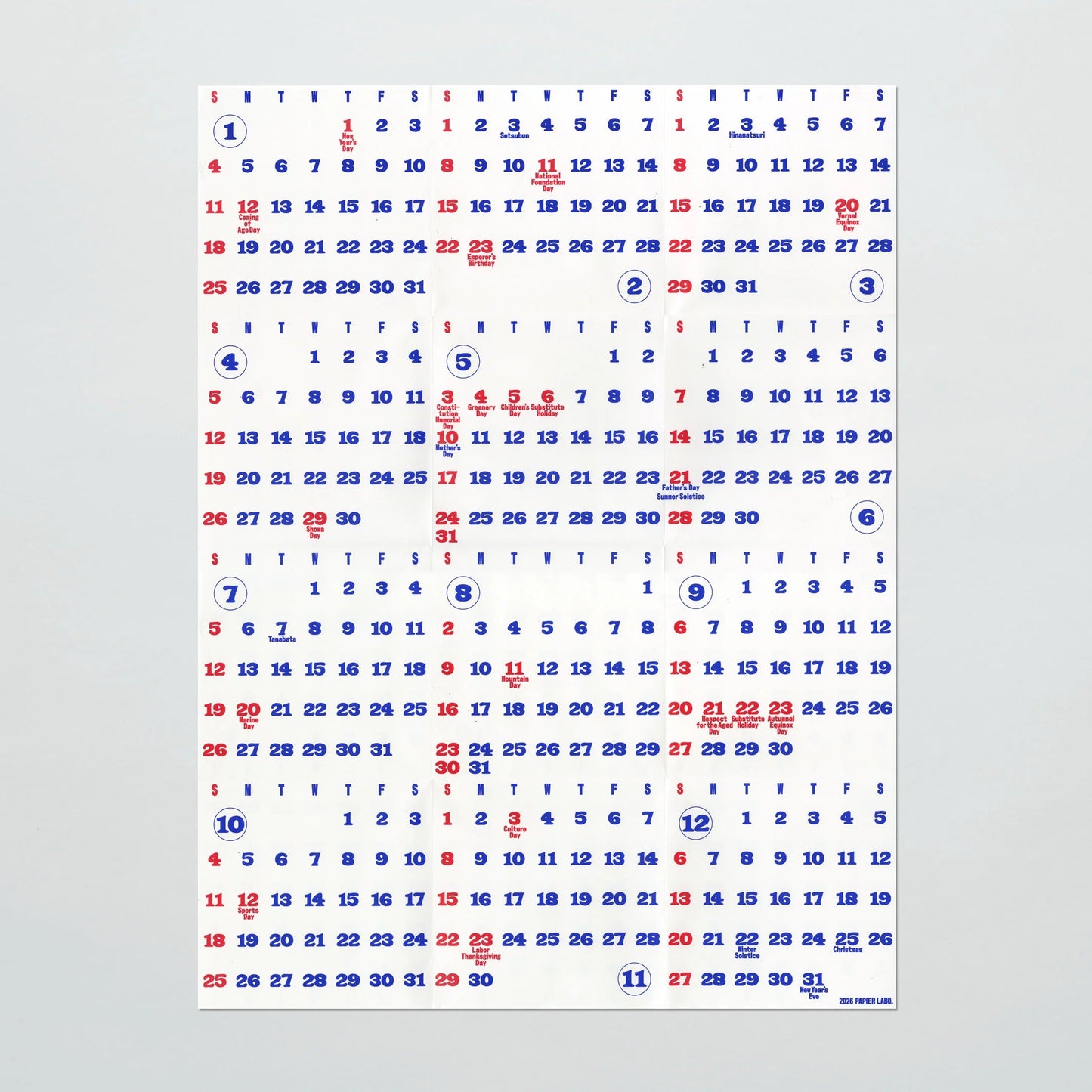 2026 Wall Calendar / Papier Labo.