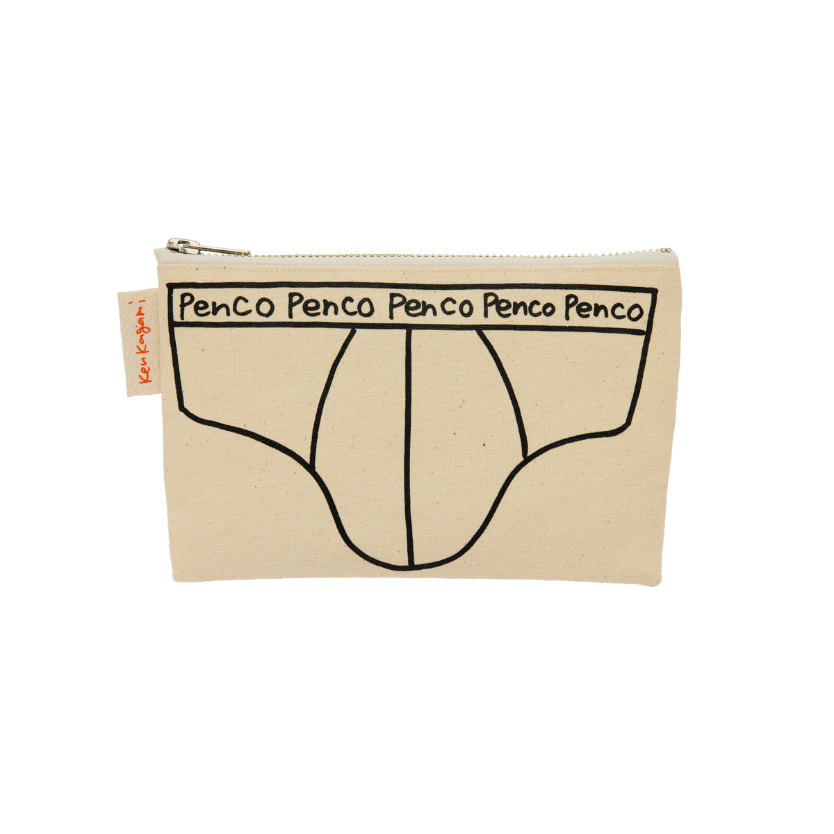 Natural canvas zip pouch printed with a black briefs drawing and repeated Penco text across the waistband.